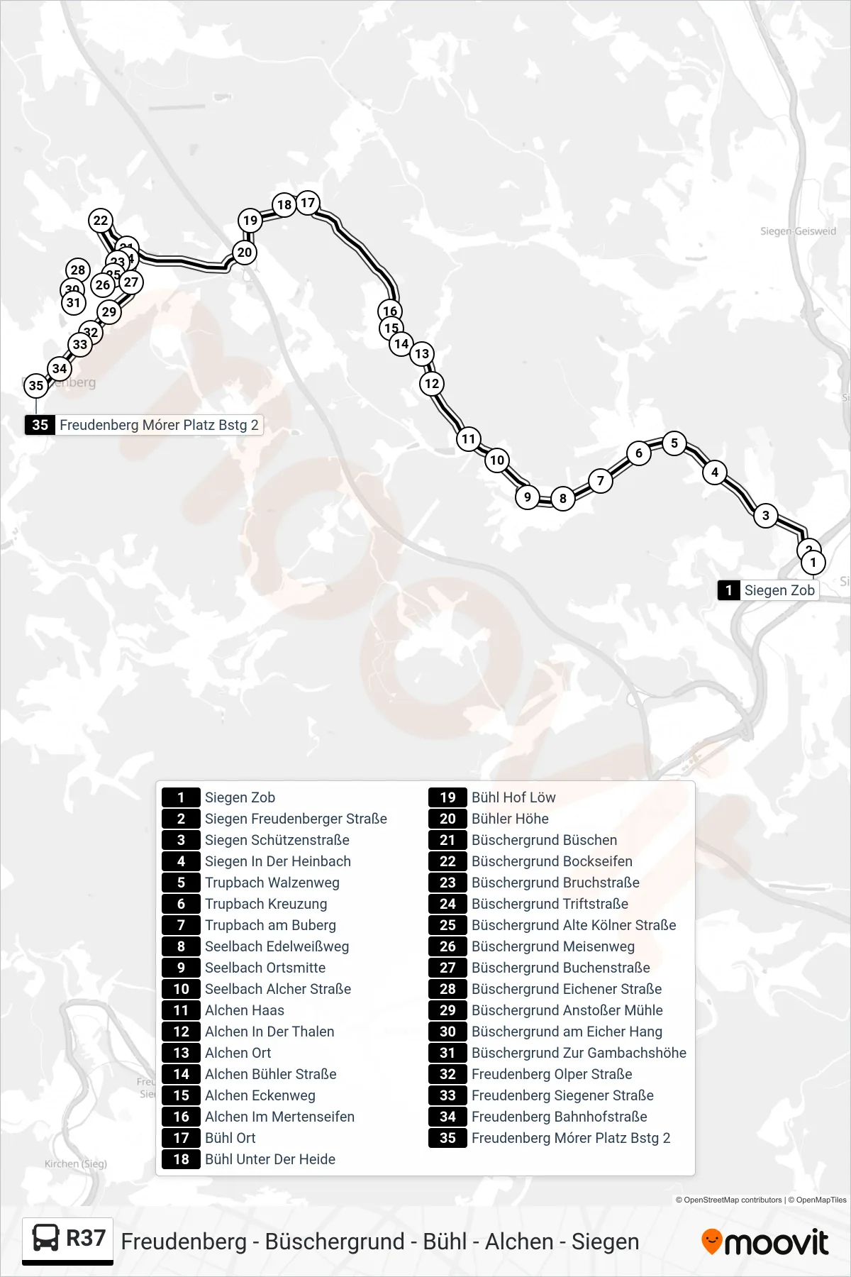 R37 bus Line (Freudenberg Mórer Platz Bstg 2) route and stops on a map