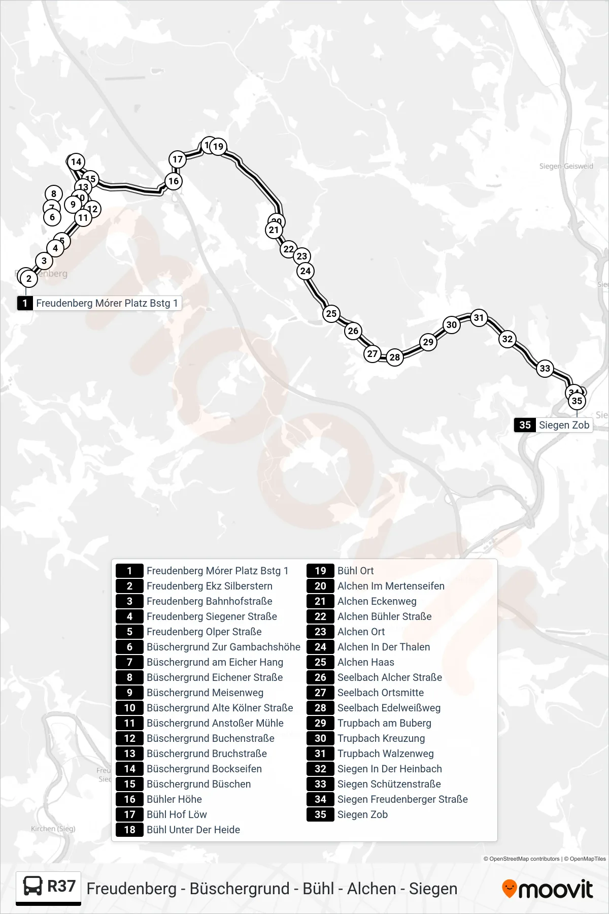 R37 bus Line (Siegen Zob Bstg B) route and stops on a map
