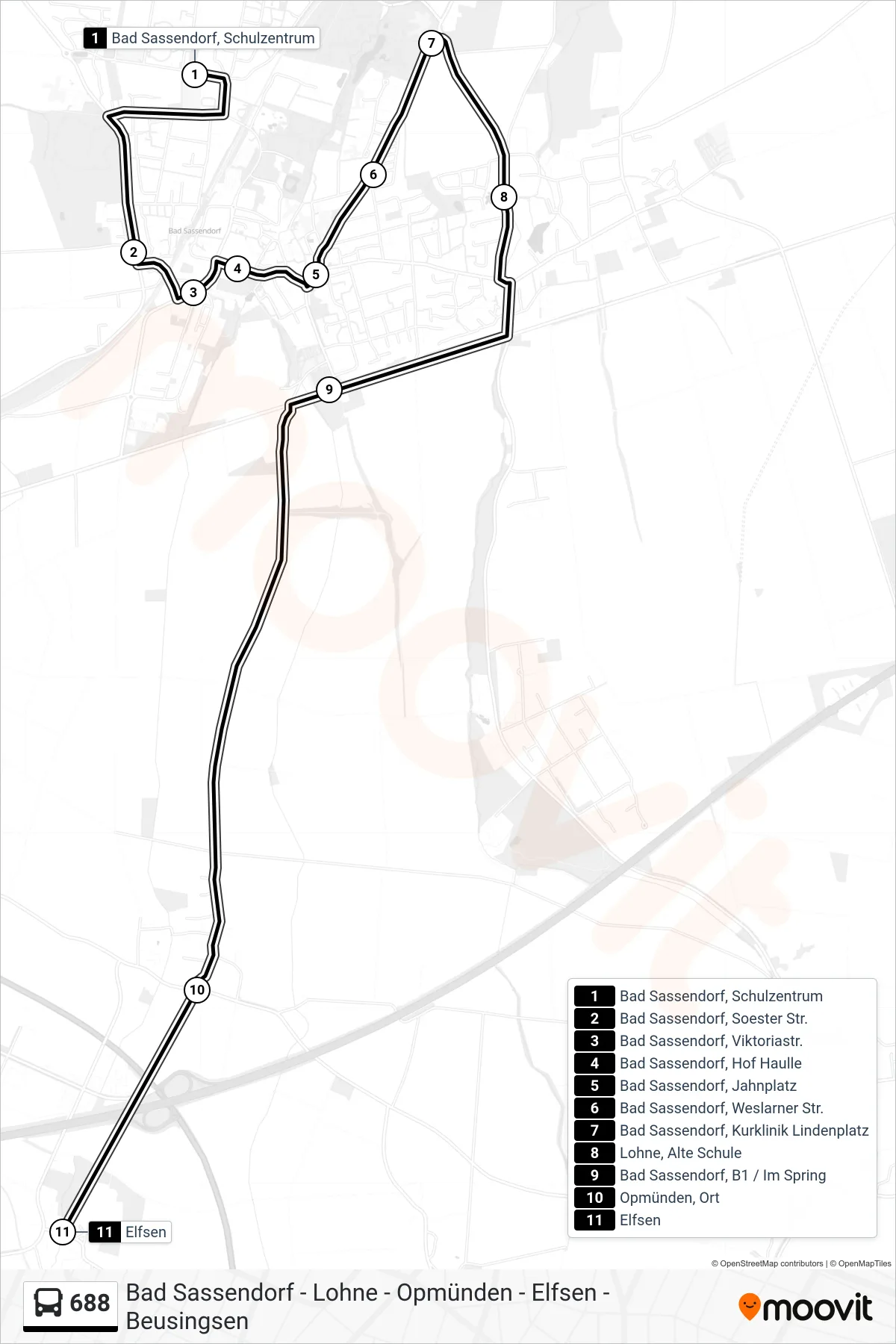 688 bus Line (Elfsen) route and stops on a map