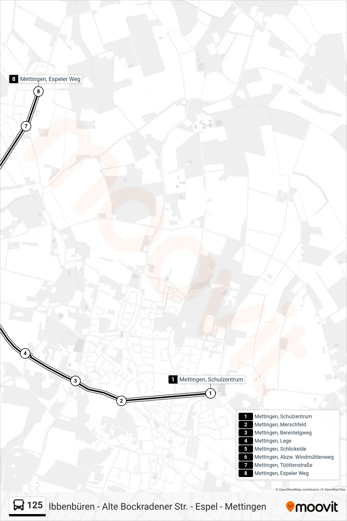 Linie 125 (Bus) Richtung Mettingen, Espeler Weg: Route und Haltestellen auf der Karte
