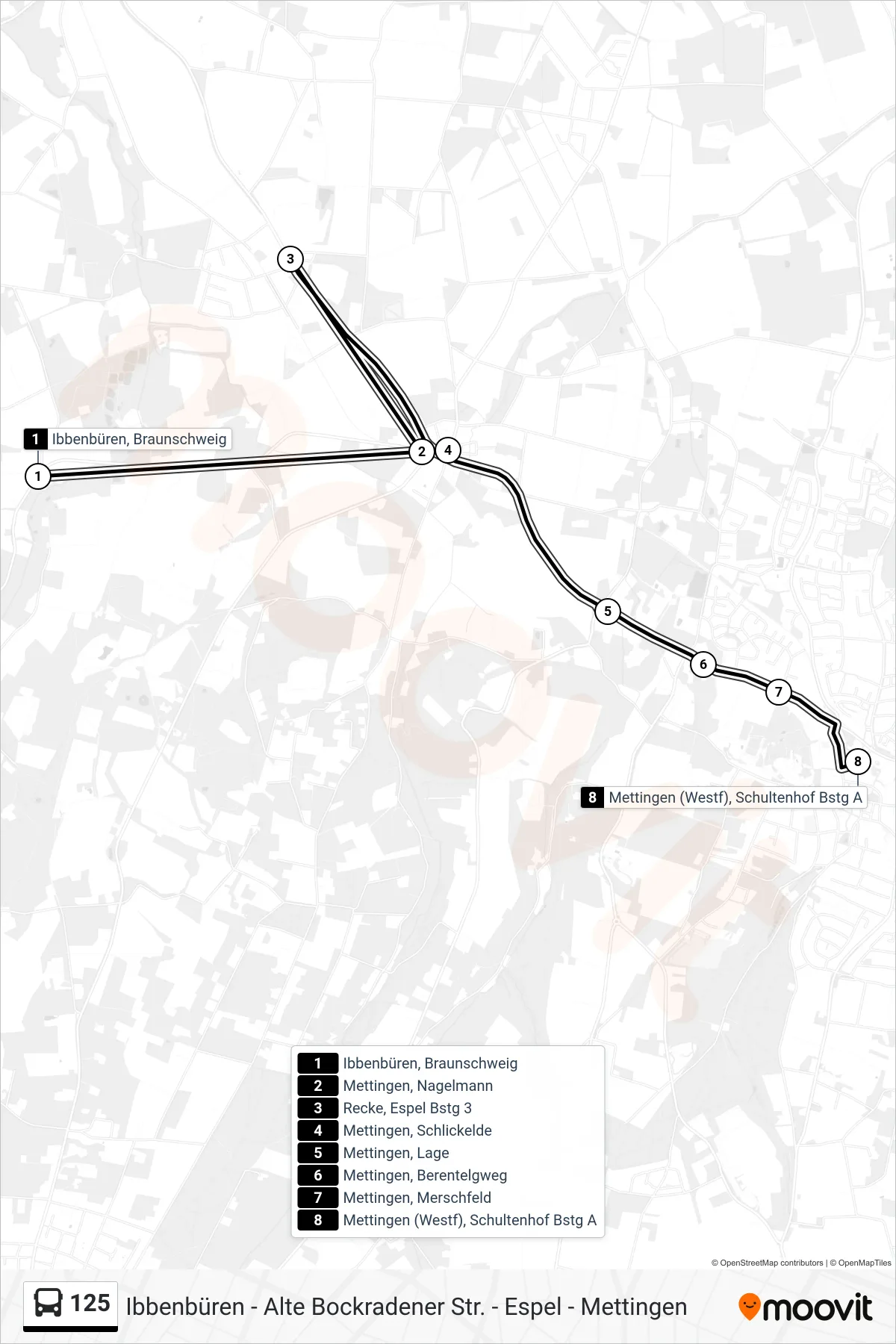 125 bus Line (Mettingen (Westf), Schultenhof Bstg A) route and stops on a map