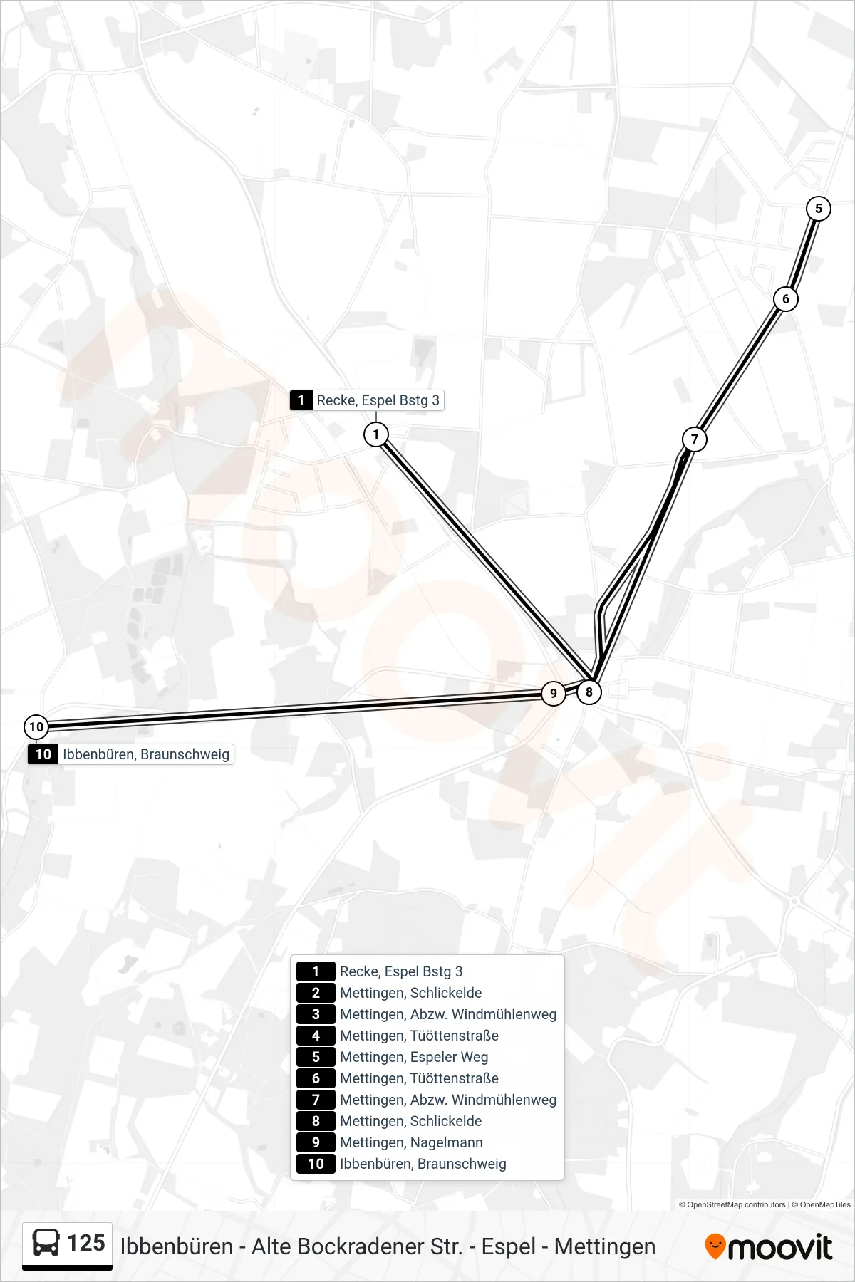 125 bus Line (Ibbenbüren, Braunschweig) route and stops on a map