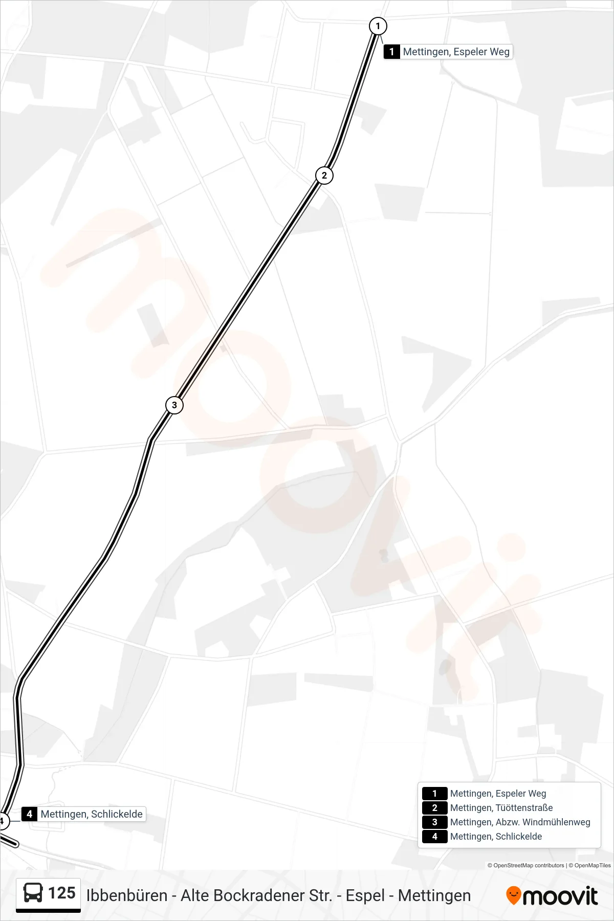 125 bus Line (Mettingen, Schlickelde) route and stops on a map
