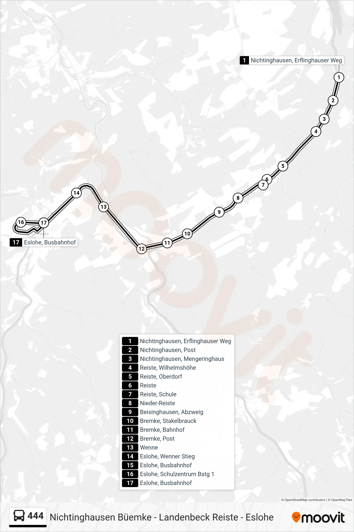 444 bus Line (Eslohe, Busbahnhof) route and stops on a map