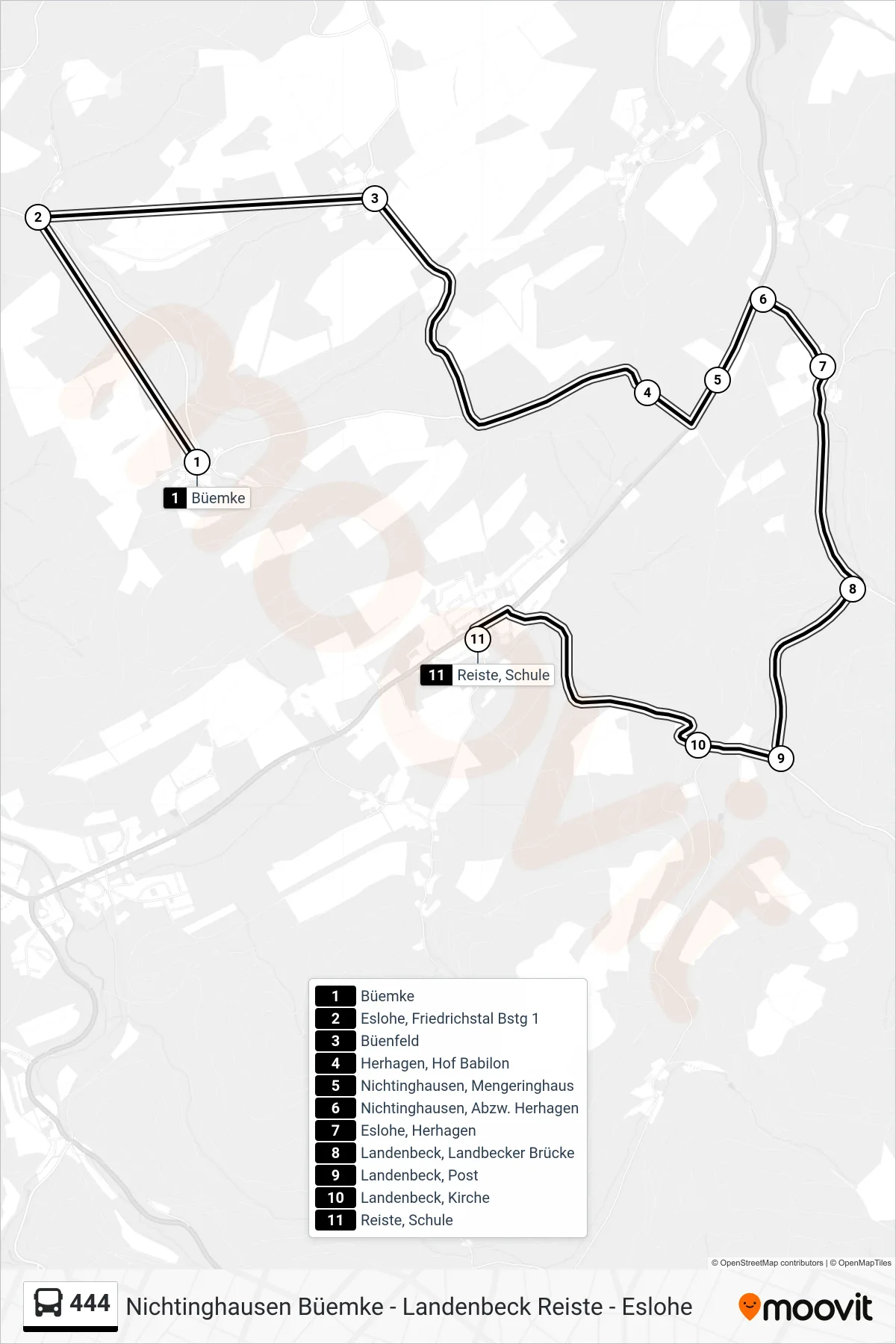 444 bus Line (Reiste, Schule) route and stops on a map