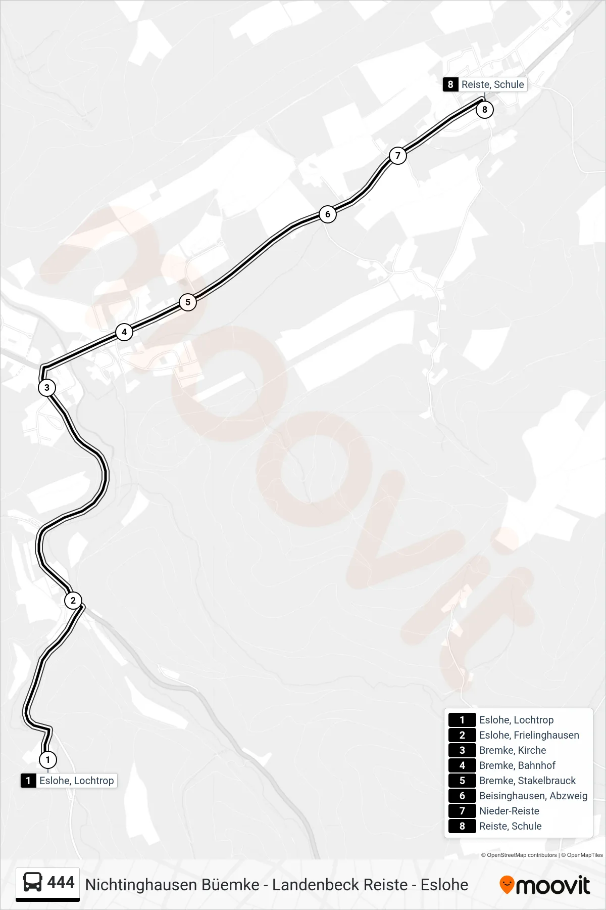 444 bus Line (Reiste, Schule) route and stops on a map