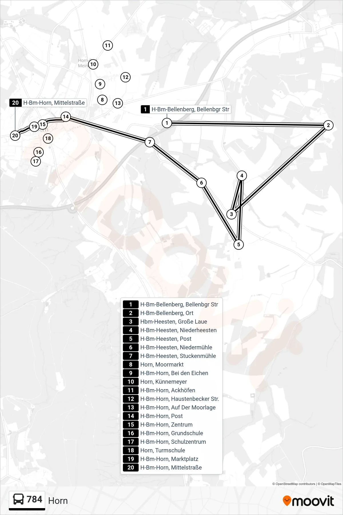 784 bus Line (Horn) route and stops on a map