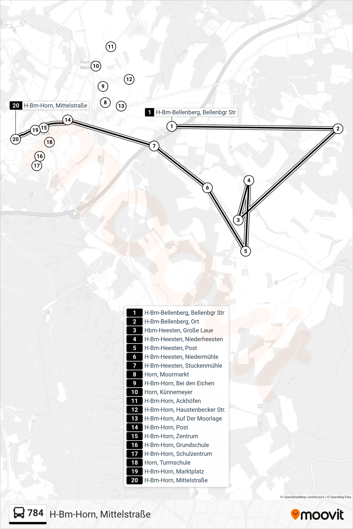 784 bus Line (H-Bm-Horn, Mittelstraße) route and stops on a map