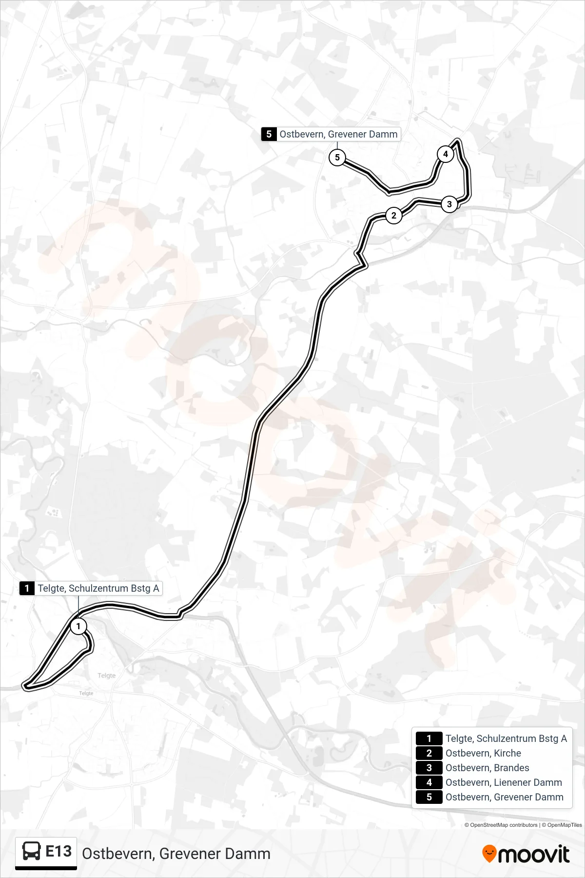 Linie E13 (Tram) Richtung Ostbevern, Grevener Damm: Route und Haltestellen auf der Karte