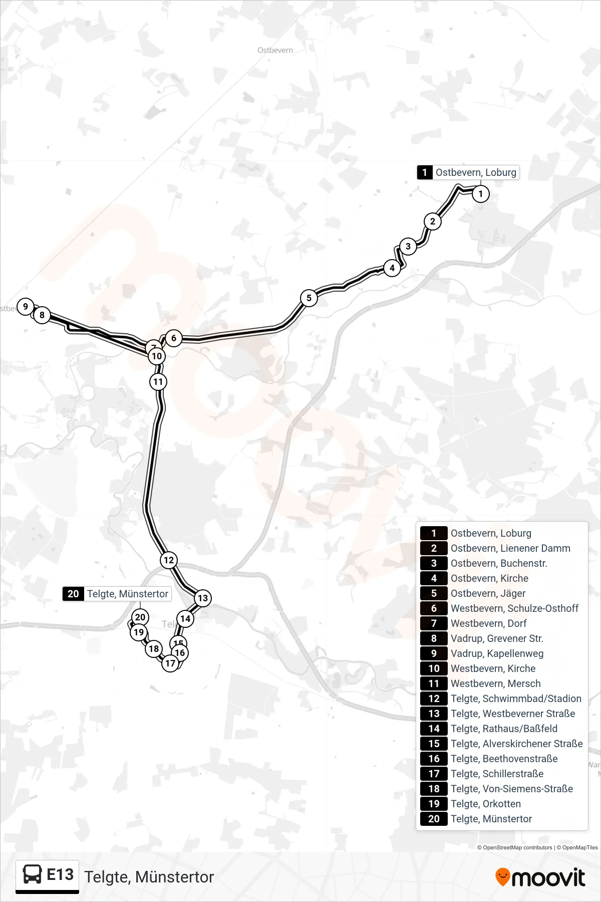E13 tram Line (Telgte, Münstertor) route and stops on a map
