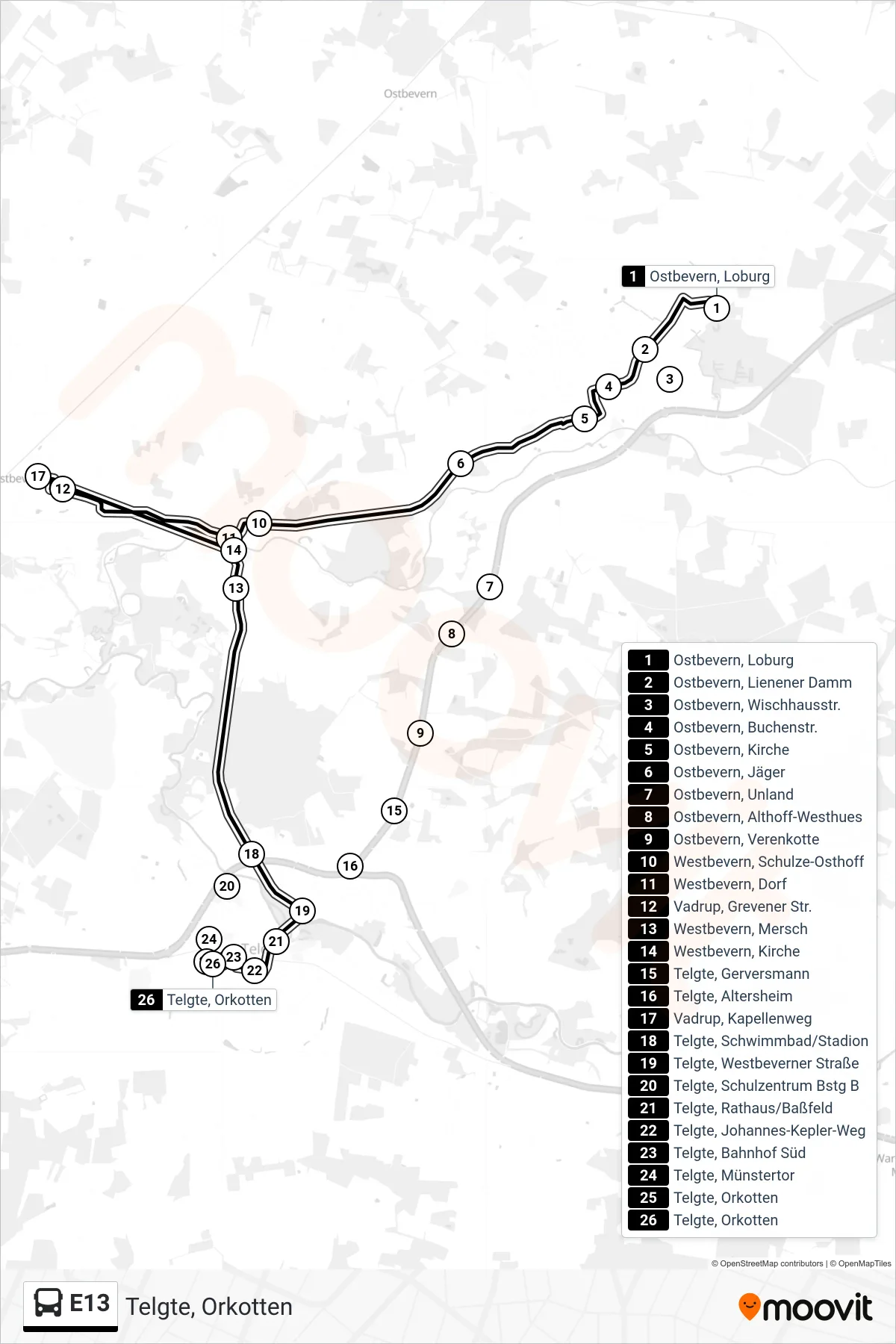 Linie E13 (Tram) Richtung Telgte, Orkotten: Route und Haltestellen auf der Karte