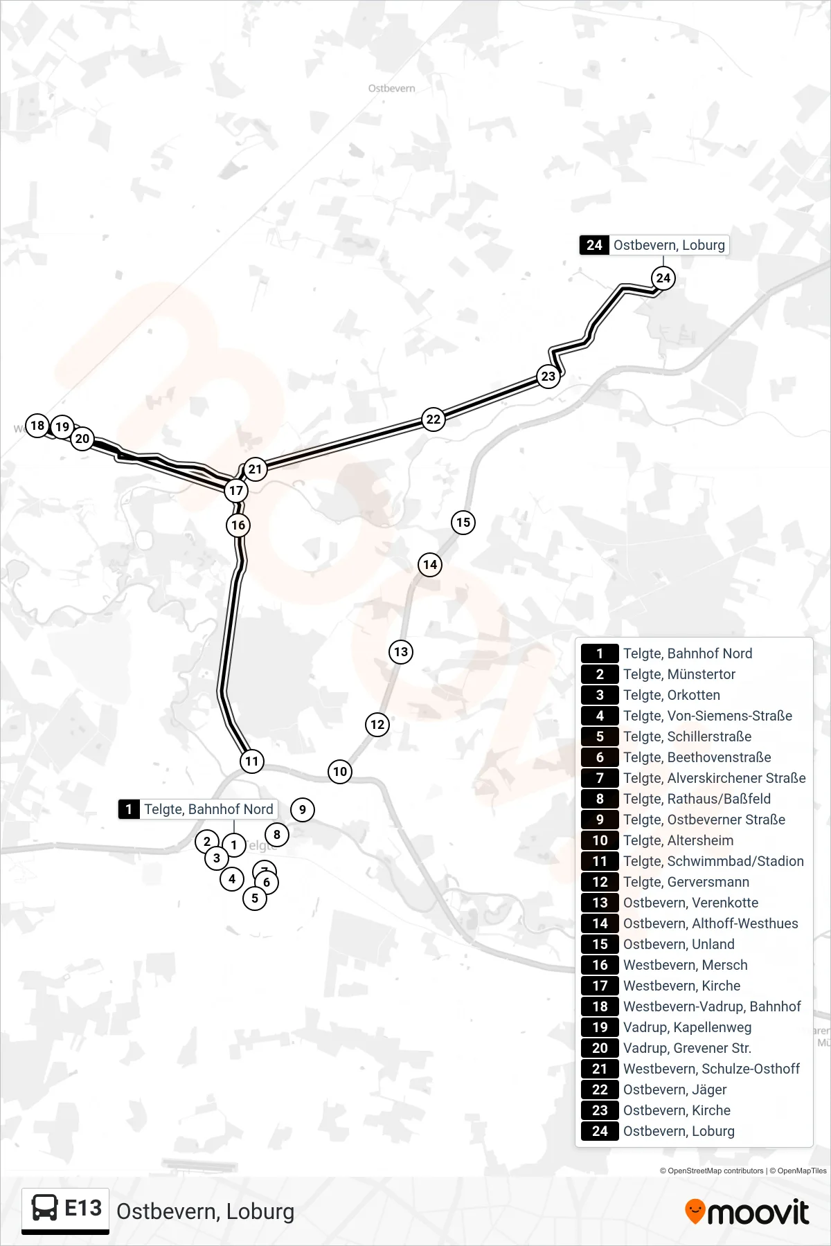Linie E13 (Tram) Richtung Ostbevern, Loburg: Route und Haltestellen auf der Karte
