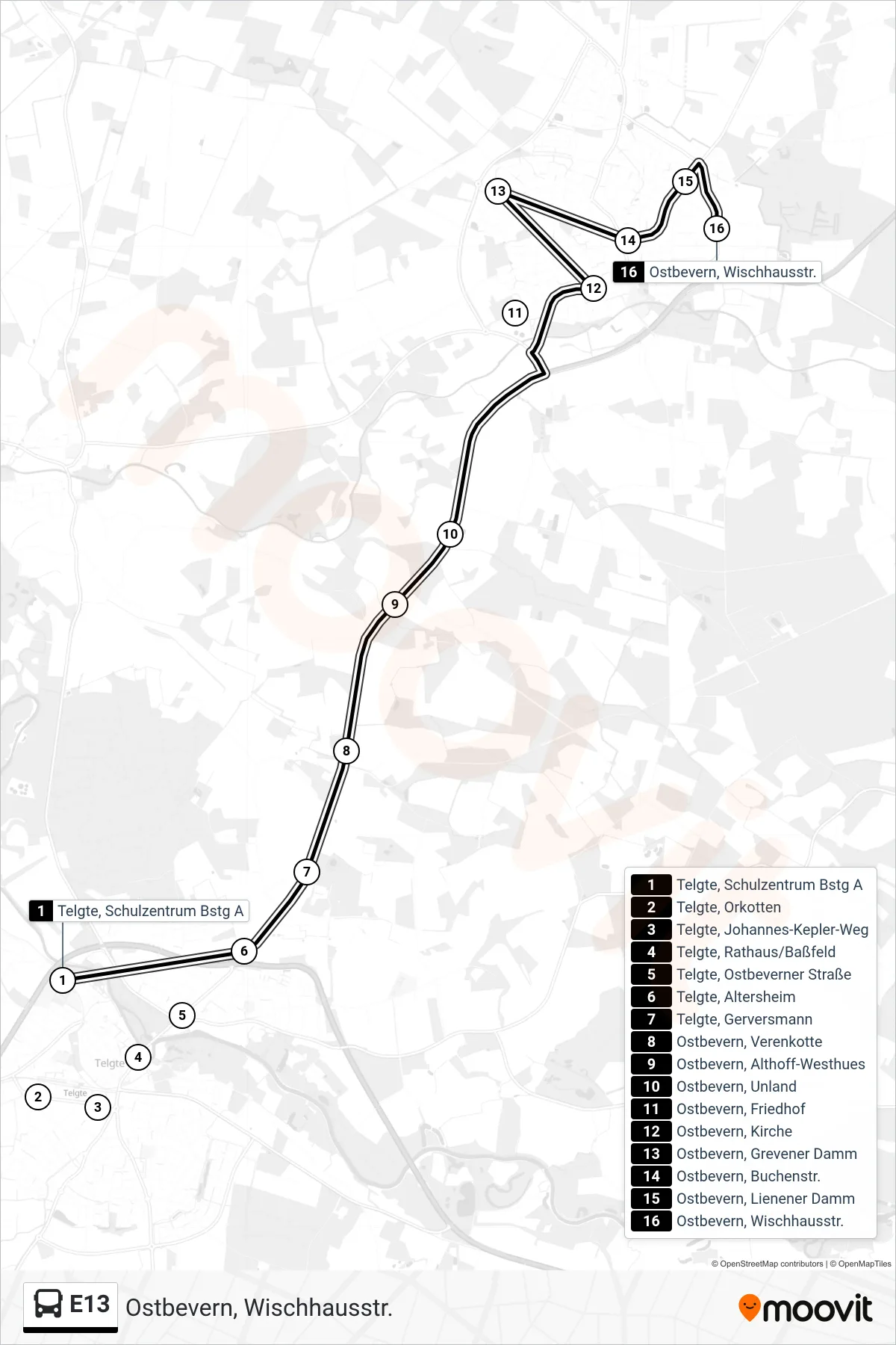 E13 tram Line (Ostbevern, Wischhausstr.) route and stops on a map