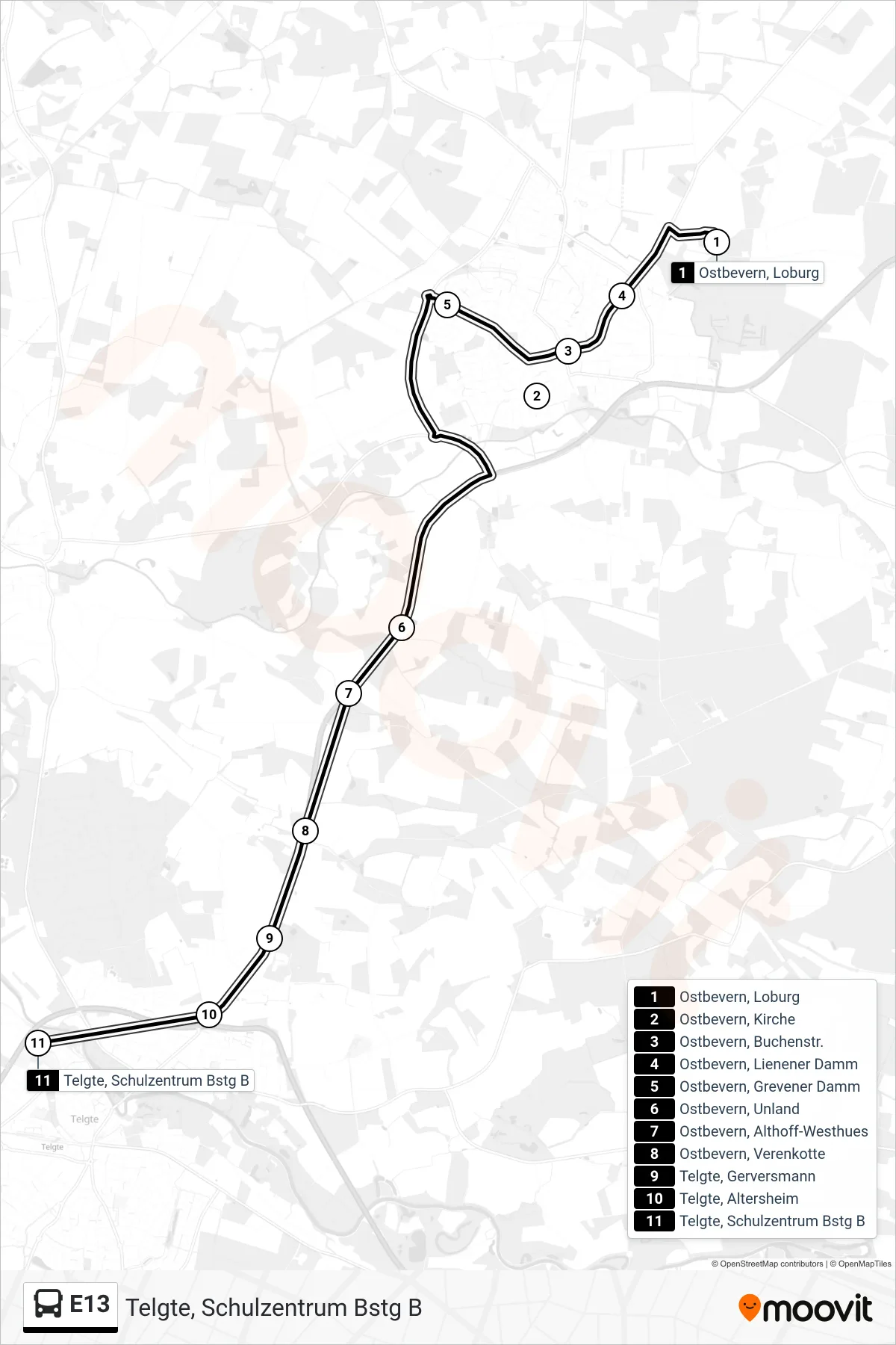 Linie E13 (Tram) Richtung Telgte, Schulzentrum Bstg B: Route und Haltestellen auf der Karte