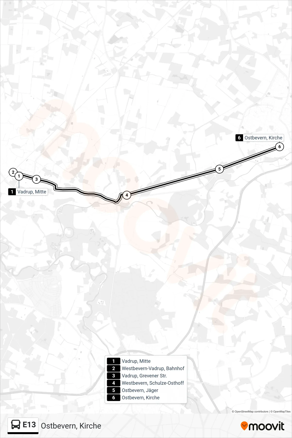 Linie E13 (Tram) Richtung Ostbevern, Kirche: Route und Haltestellen auf der Karte