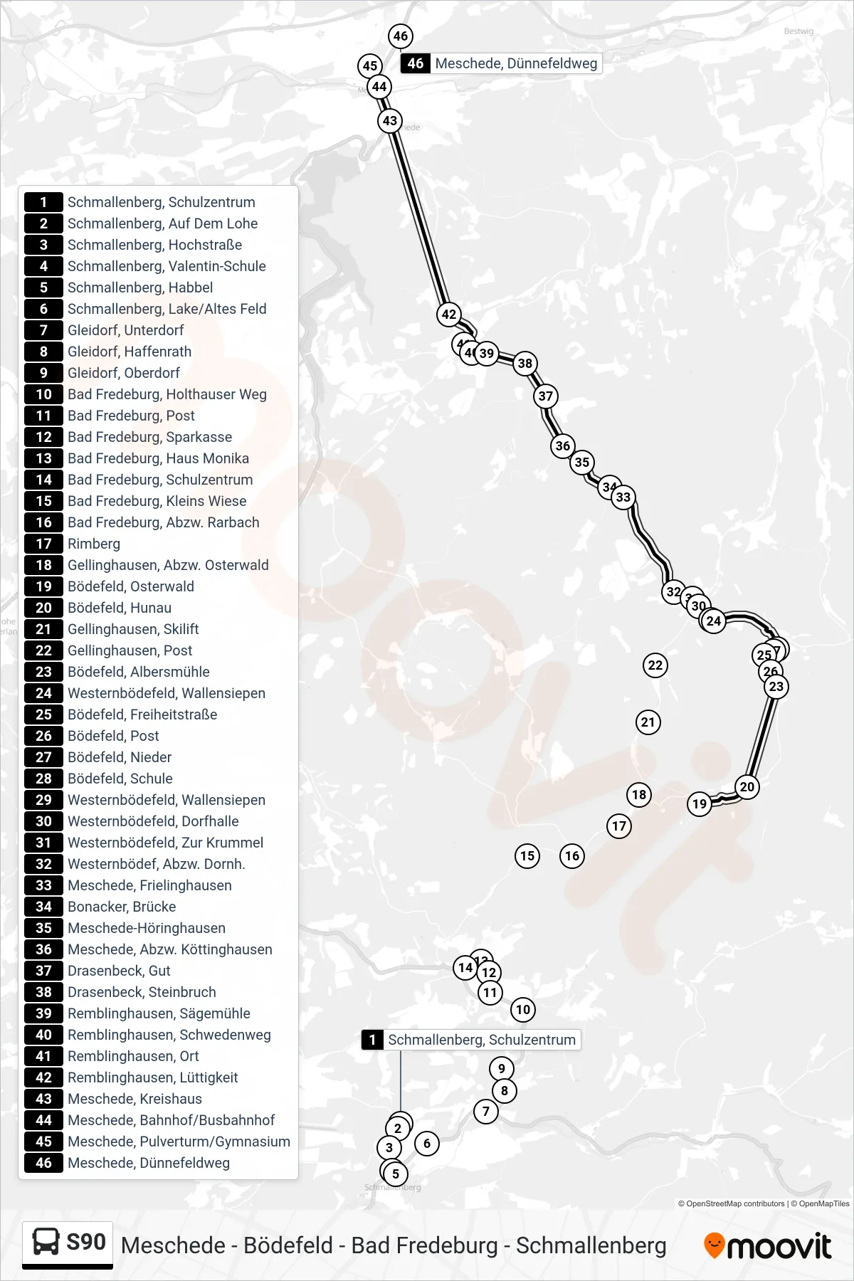 Linie S90 (Bus) Richtung Meschede: Route und Haltestellen auf der Karte