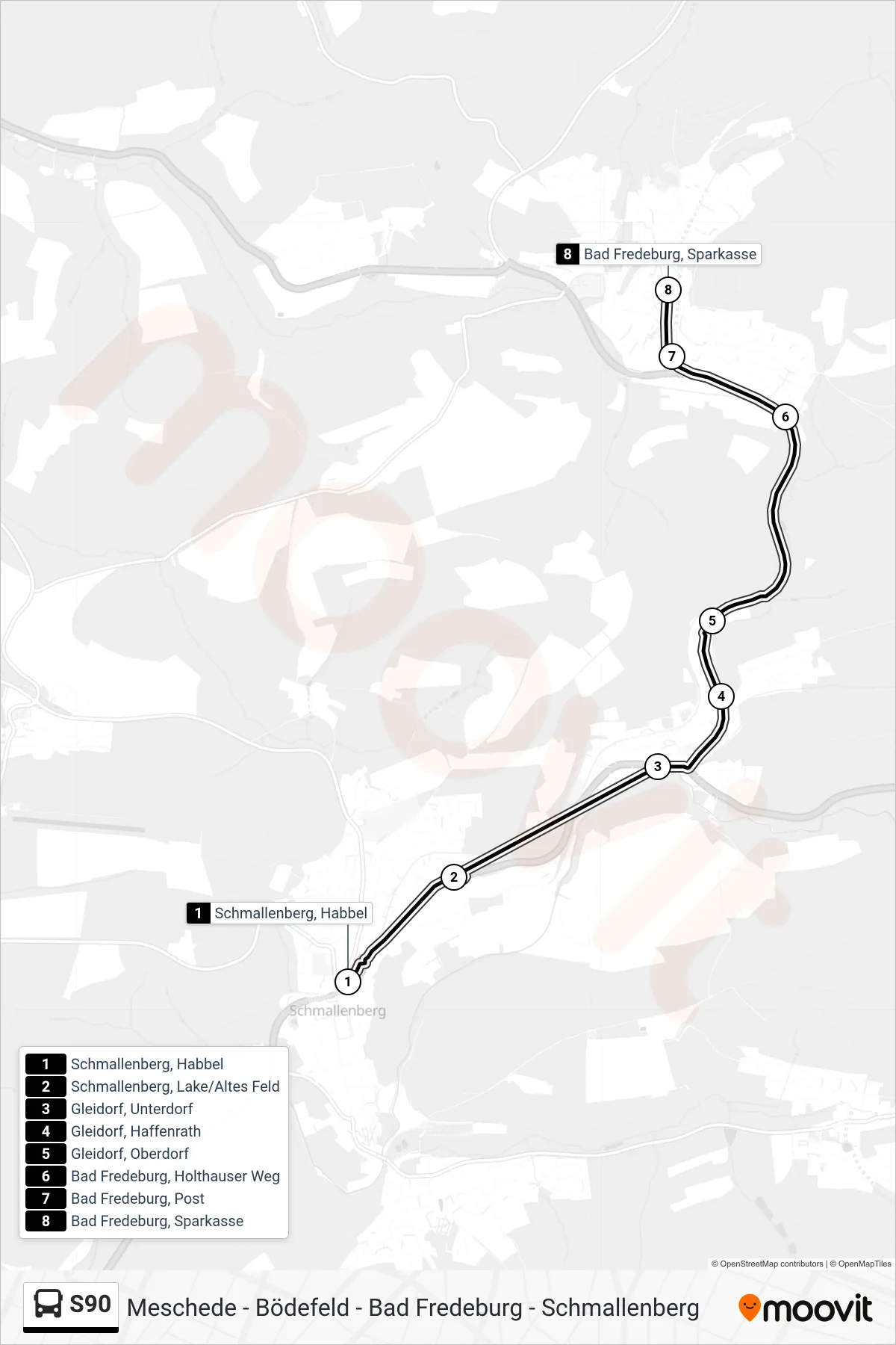 S90 bus Line (Bad Fredeburg) route and stops on a map