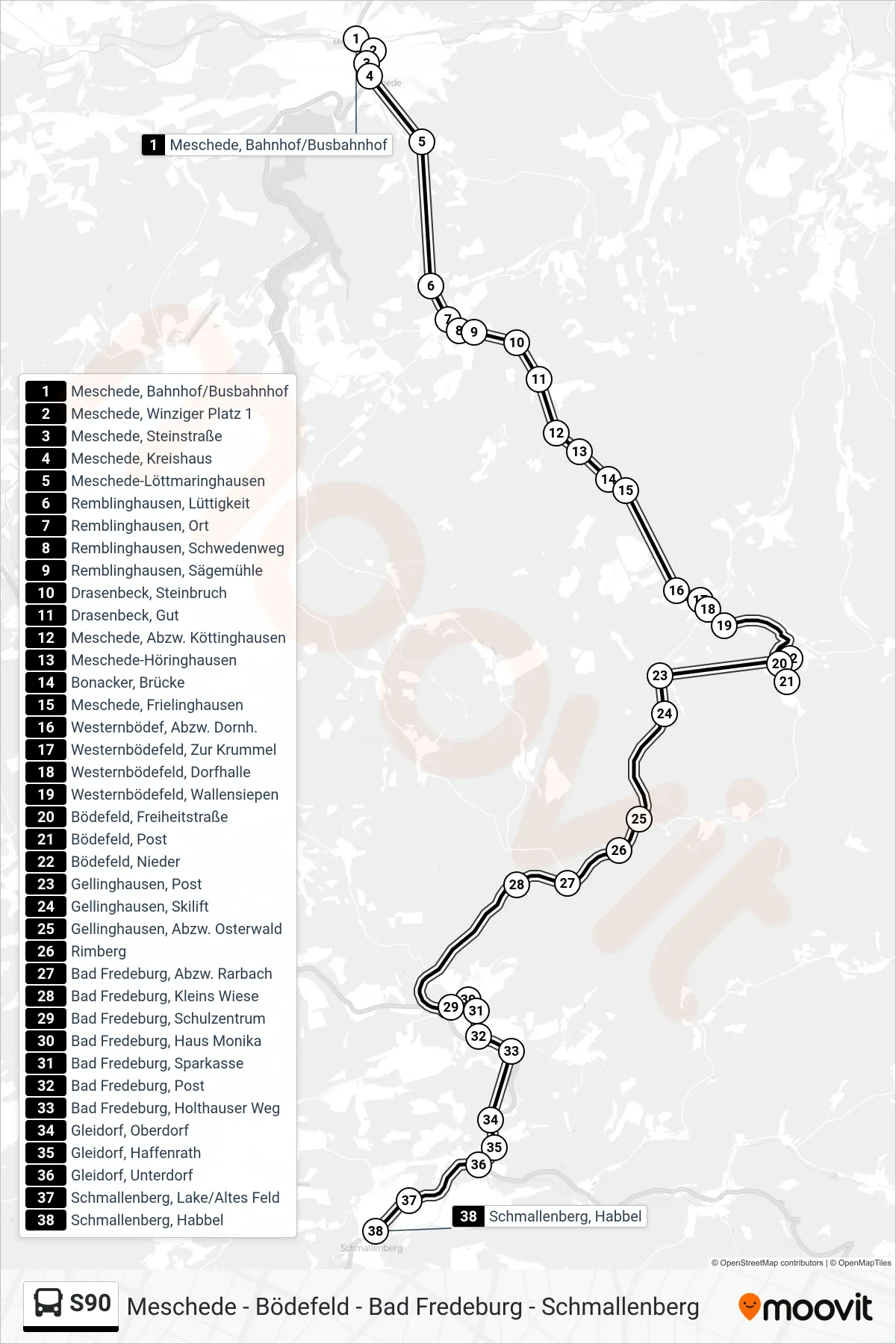 S90 bus Line (Schmallenberg) route and stops on a map