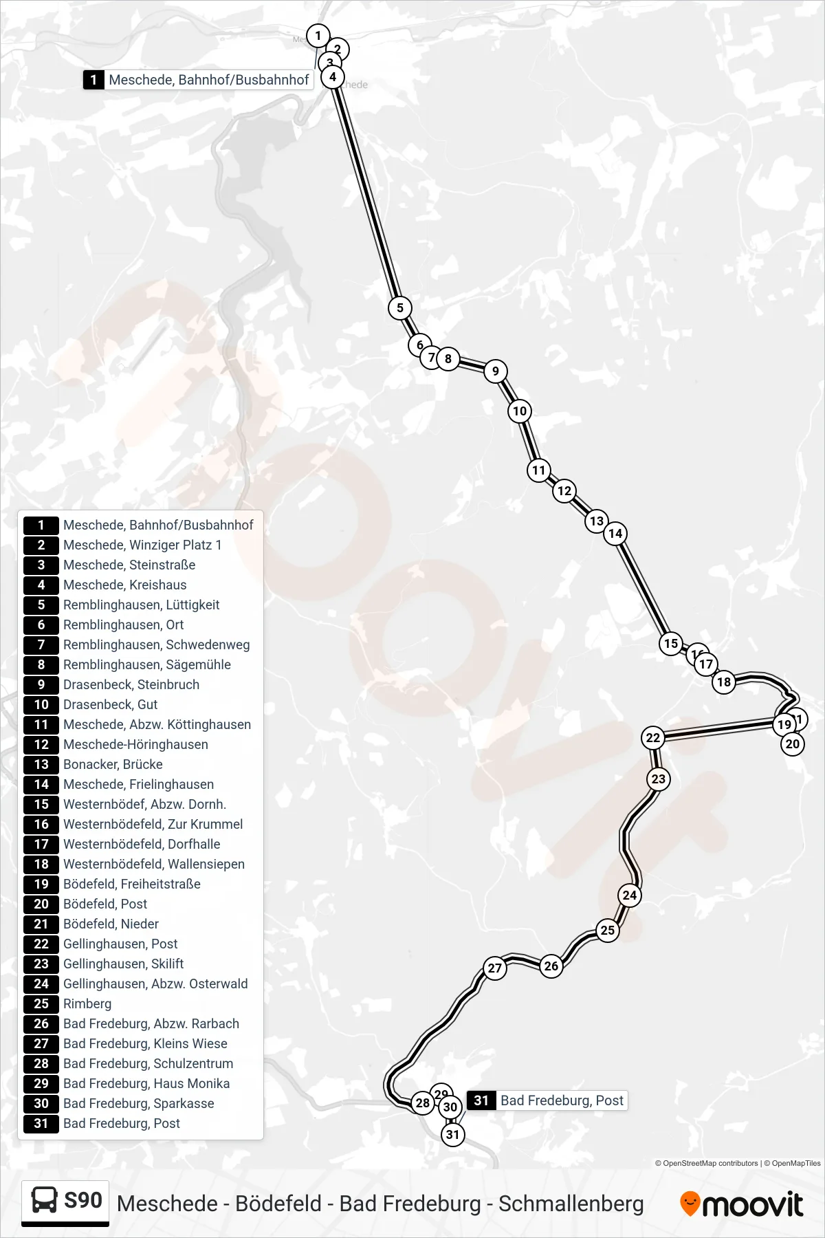 S90 bus Line (Bad Fredeburg) route and stops on a map