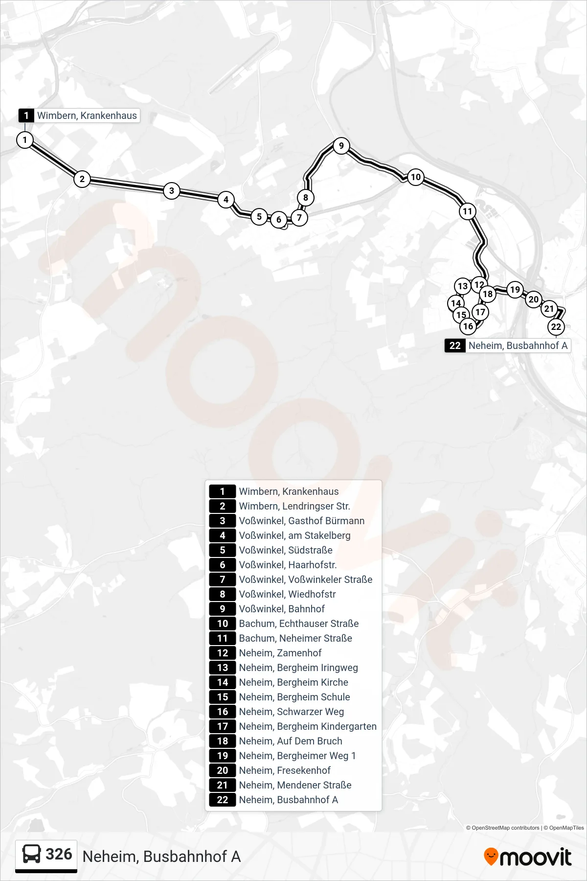 Linie 326 (Bus) Richtung Neheim, Busbahnhof A: Route und Haltestellen auf der Karte
