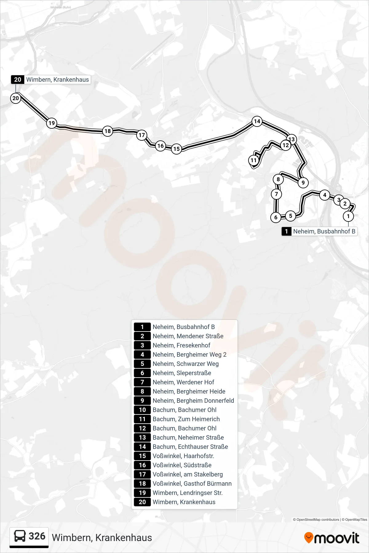 326 bus Line (Wimbern, Krankenhaus) route and stops on a map