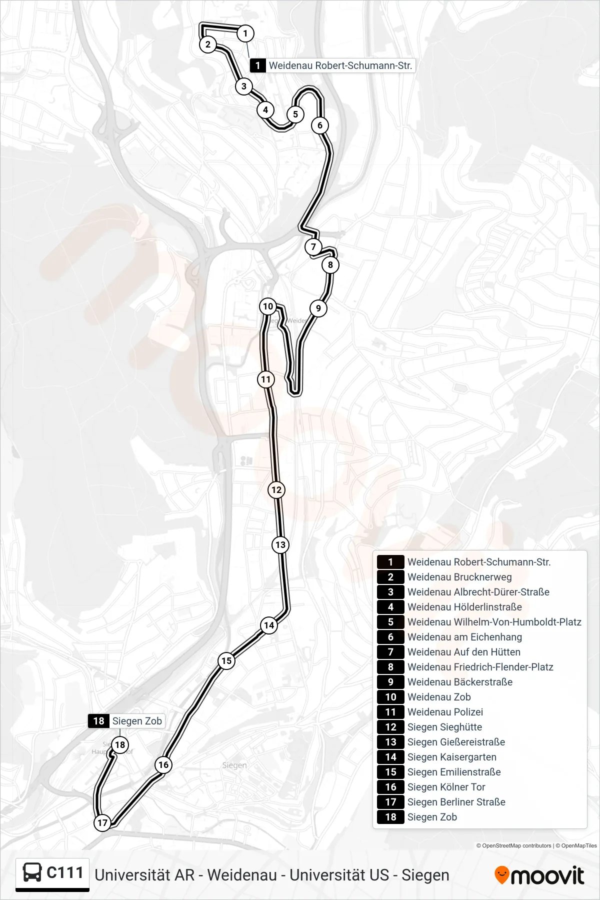 Linie C111 (Bus) Richtung Siegen Zob Bstg E: Route und Haltestellen auf der Karte
