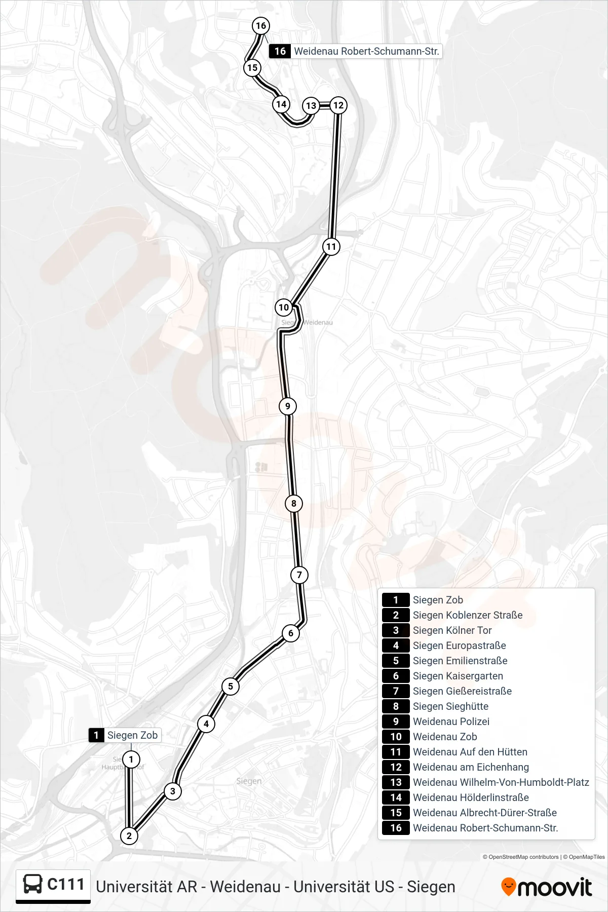 C111 bus Line (Weidenau Robert-Schumann-Str.) route and stops on a map