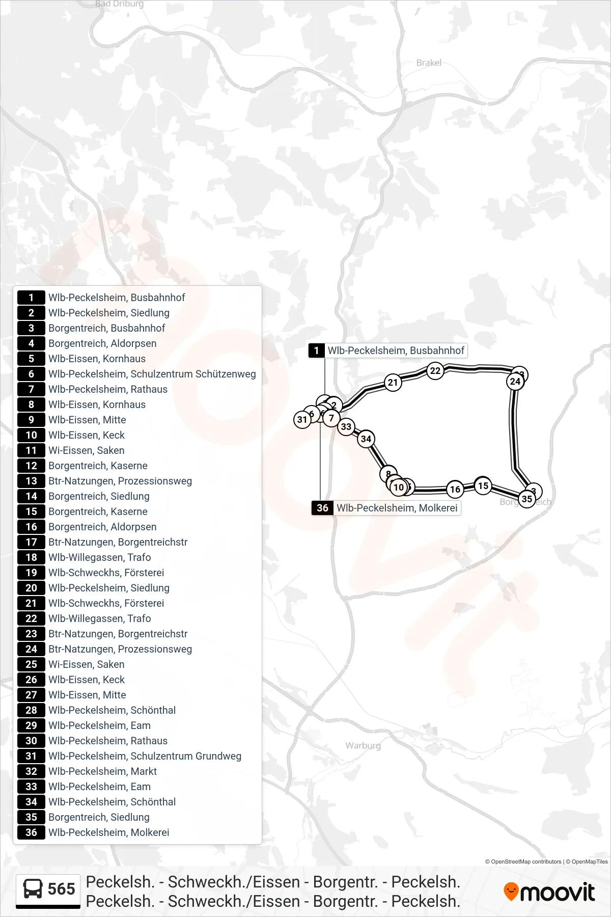 565 bus Line (Wlb-Peckelsheim, Busbahnhof) route and stops on a map