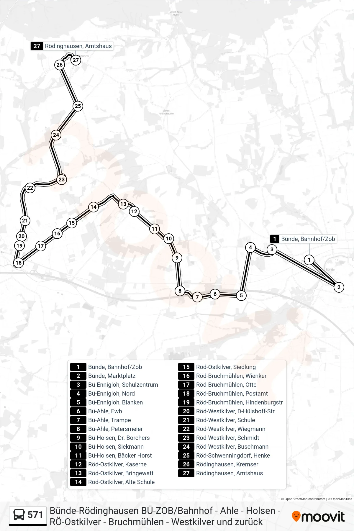 571 bus Line (Rödinghausen, Amtshaus) route and stops on a map