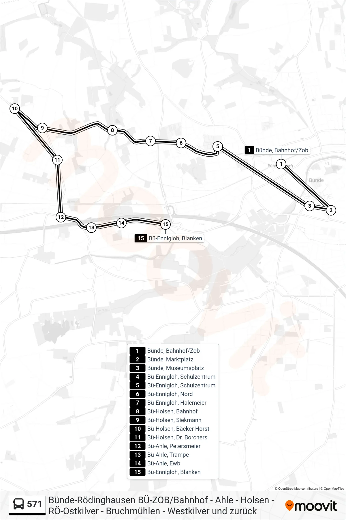 571 bus Line (Bü-Ennigloh, Blanken) route and stops on a map