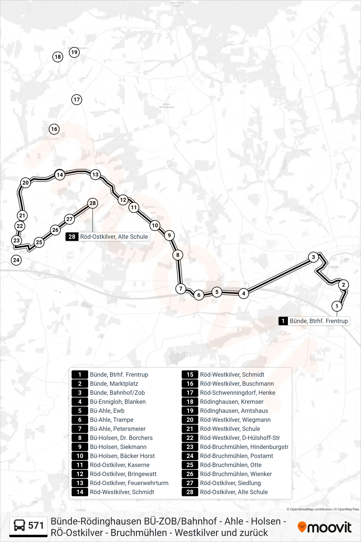 571 bus Line (Röd-Ostkilver, Alte Schule) route and stops on a map