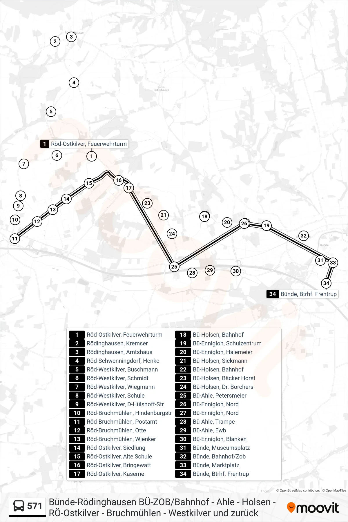 571 bus Line (Bünde, Btrhf. Frentrup) route and stops on a map