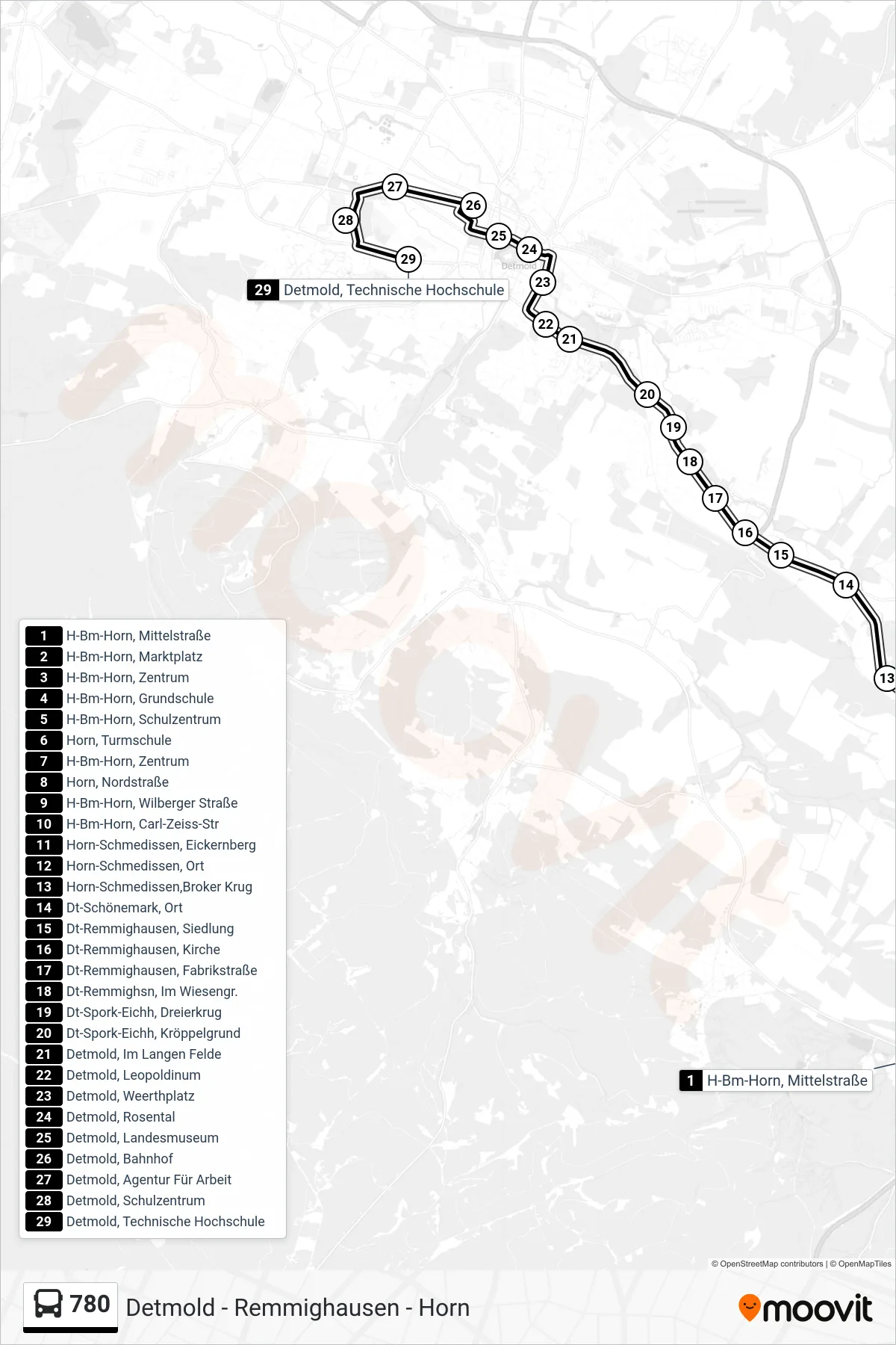 Linie 780 (Bus) Richtung Detmold: Route und Haltestellen auf der Karte