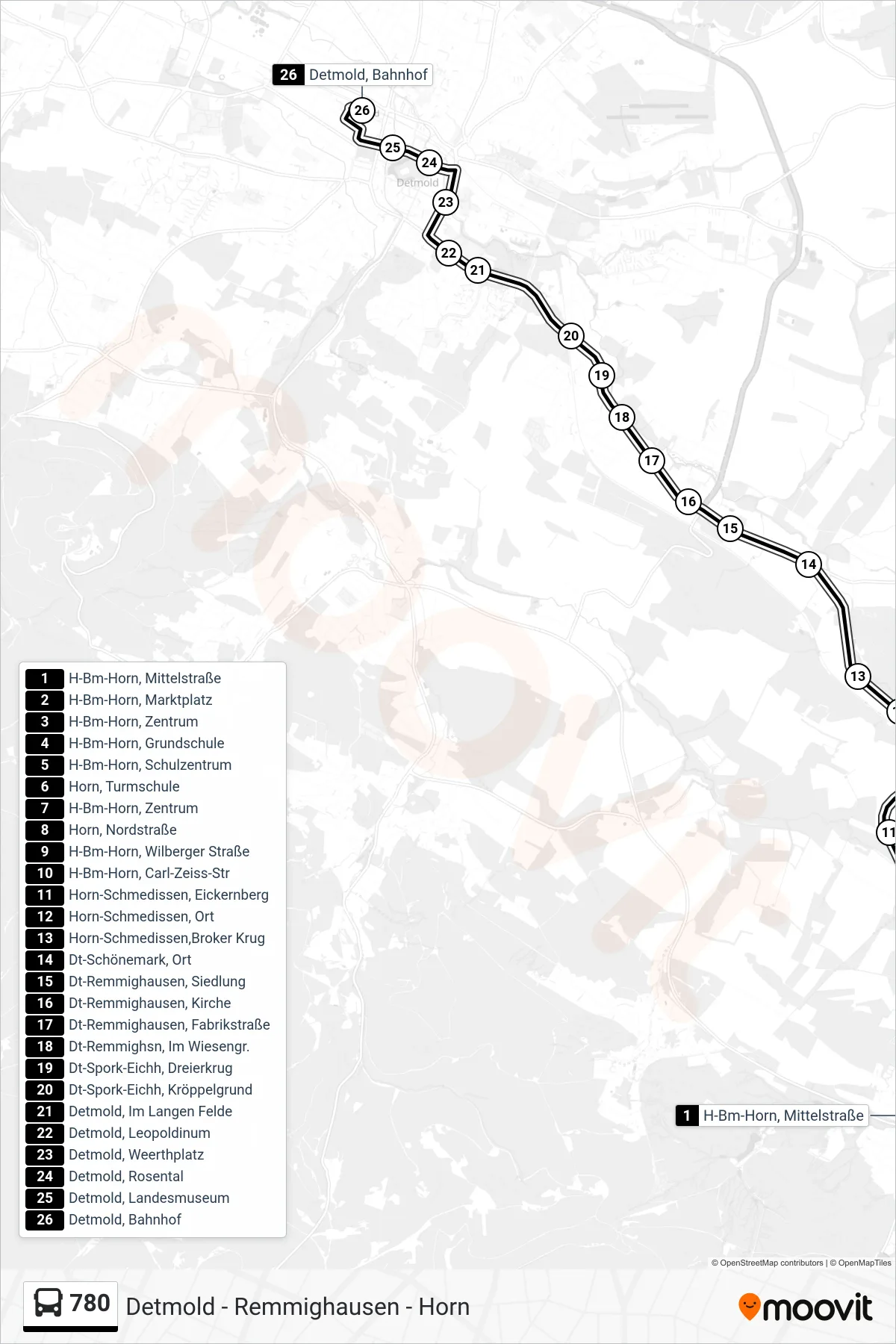 780 bus Line (Detmold, Bahnhof Steig 7) route and stops on a map
