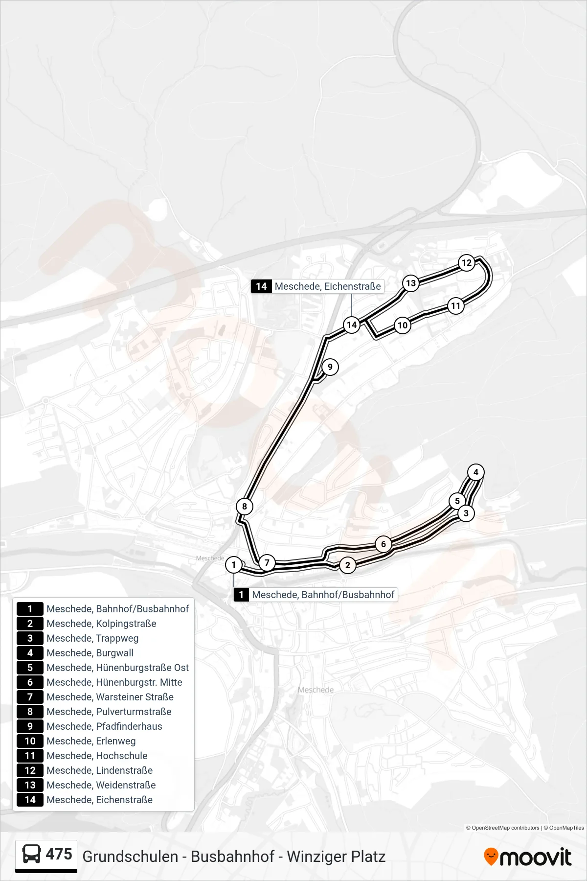 475 bus Line (Meschede, Eichenstraße) route and stops on a map
