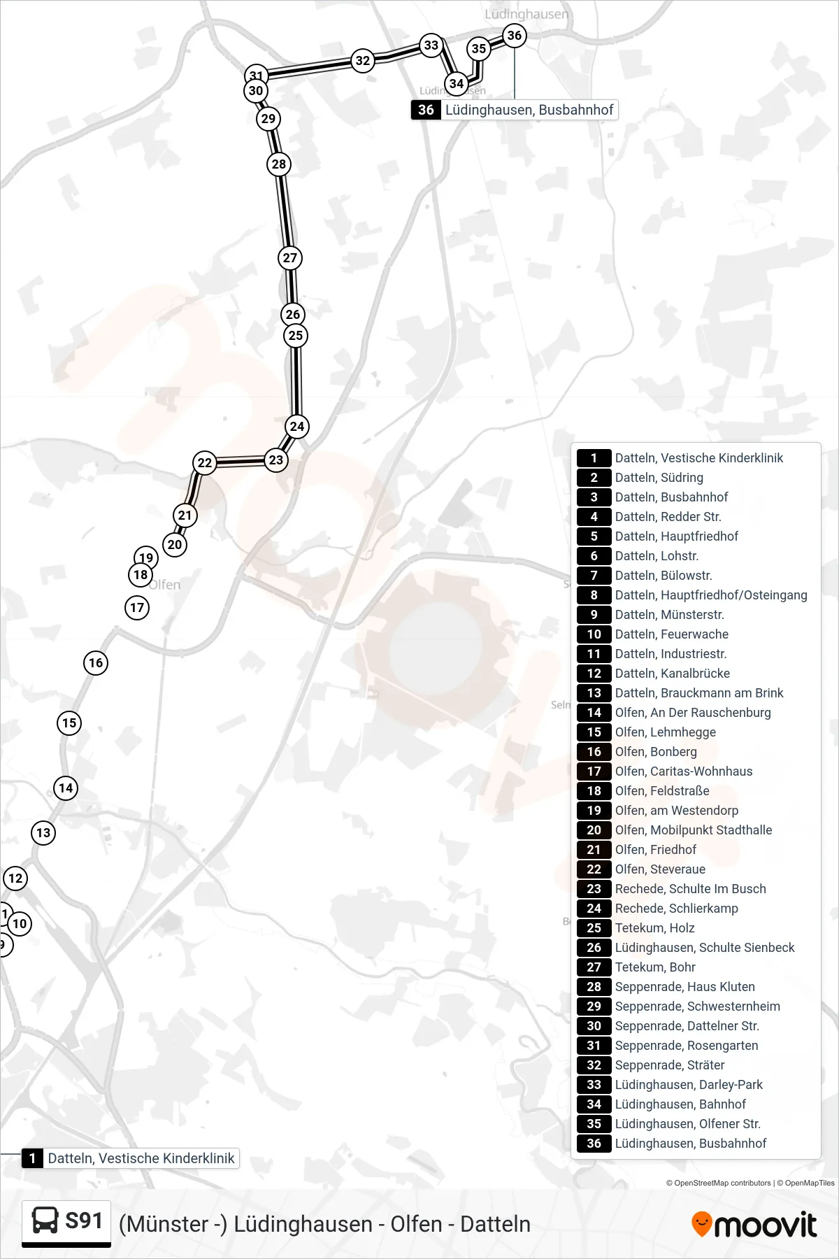 S91 bus Line (Lüdinghausen, Busbahnhof F) route and stops on a map