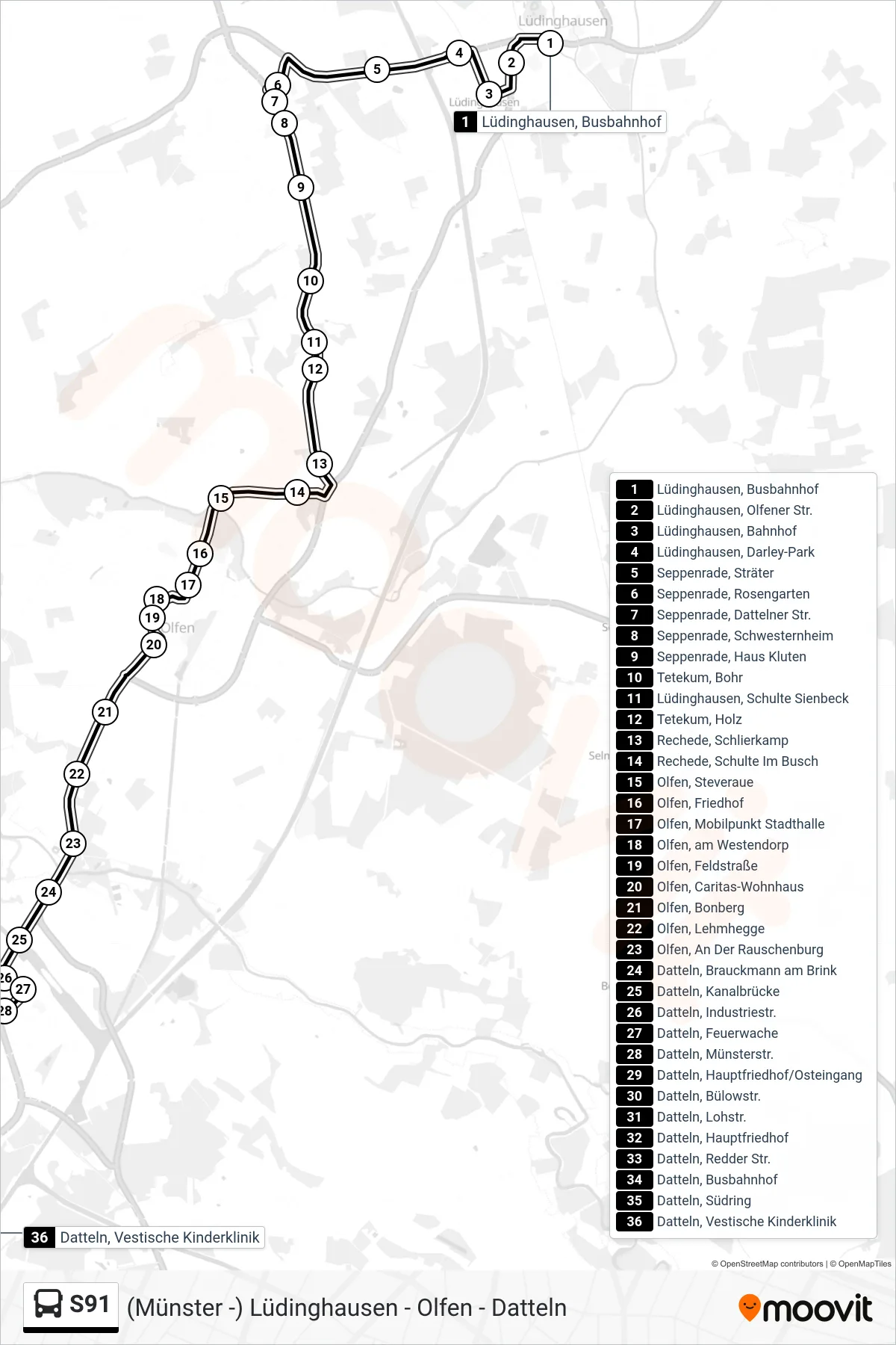 Linie S91 (Bus) Richtung Datteln, Vestische Kinderklinik: Route und Haltestellen auf der Karte