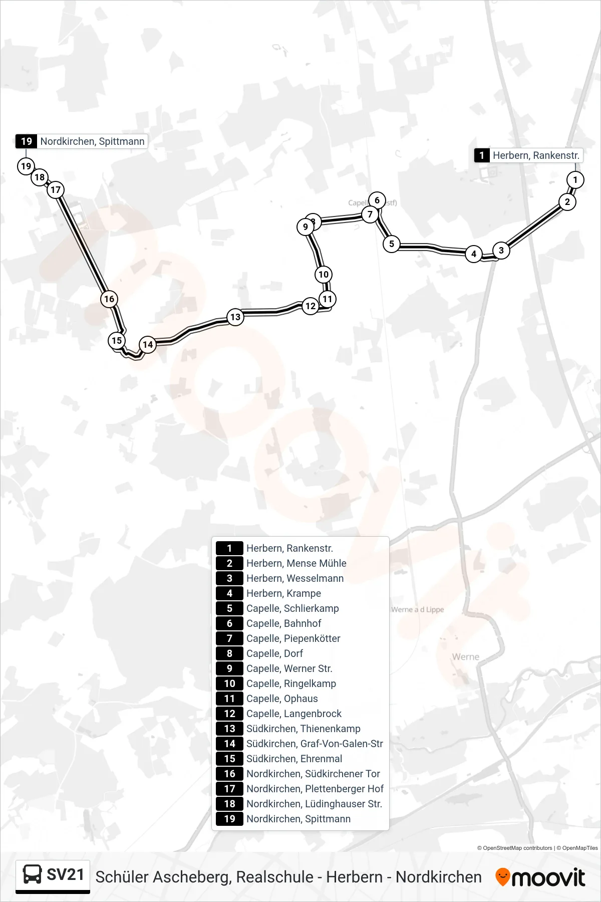 SV21 bus Line (Nordkirchen, Spittmann) route and stops on a map