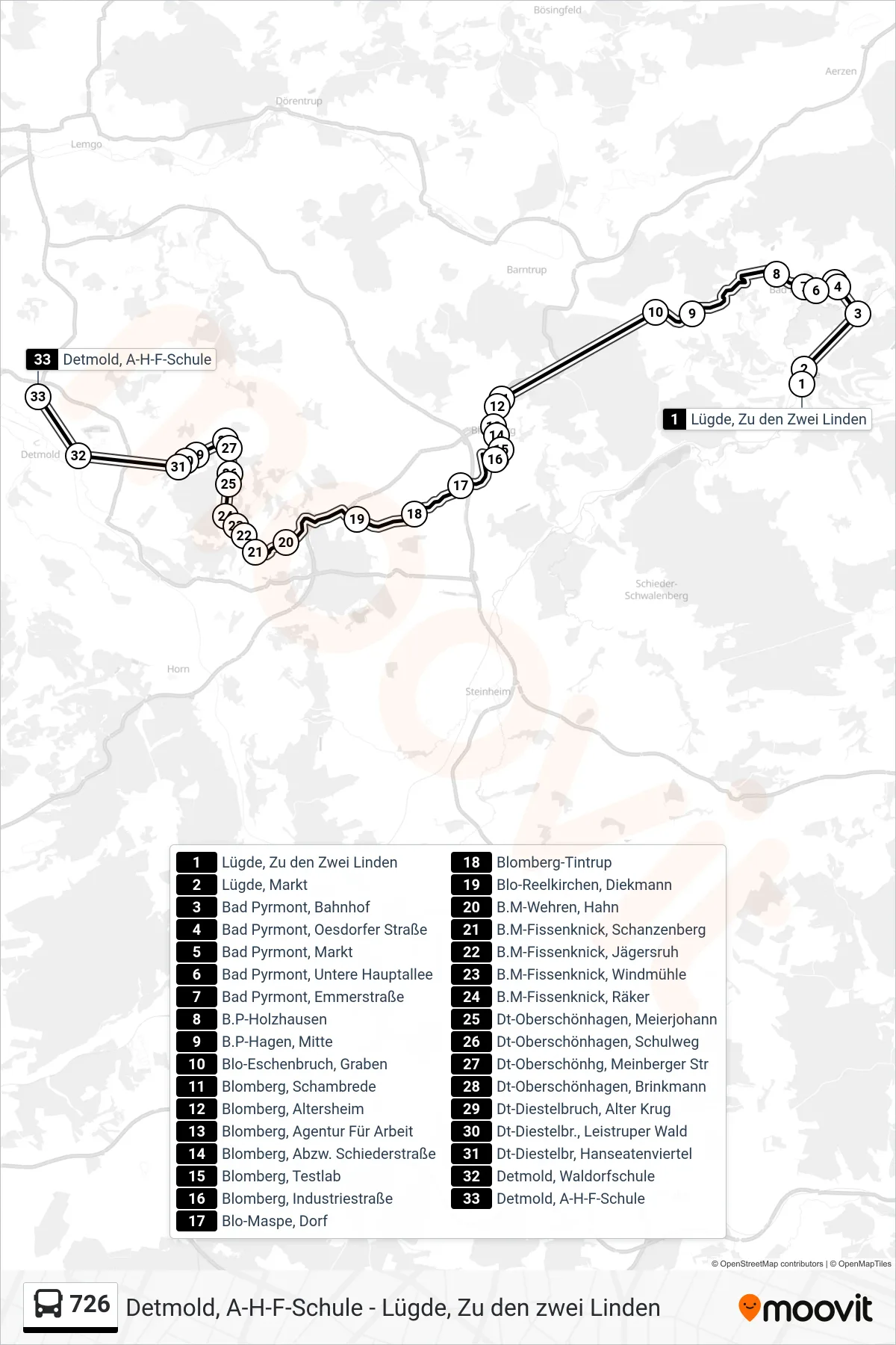 726 bus Line (Detmold, A-H-F-Schule) route and stops on a map