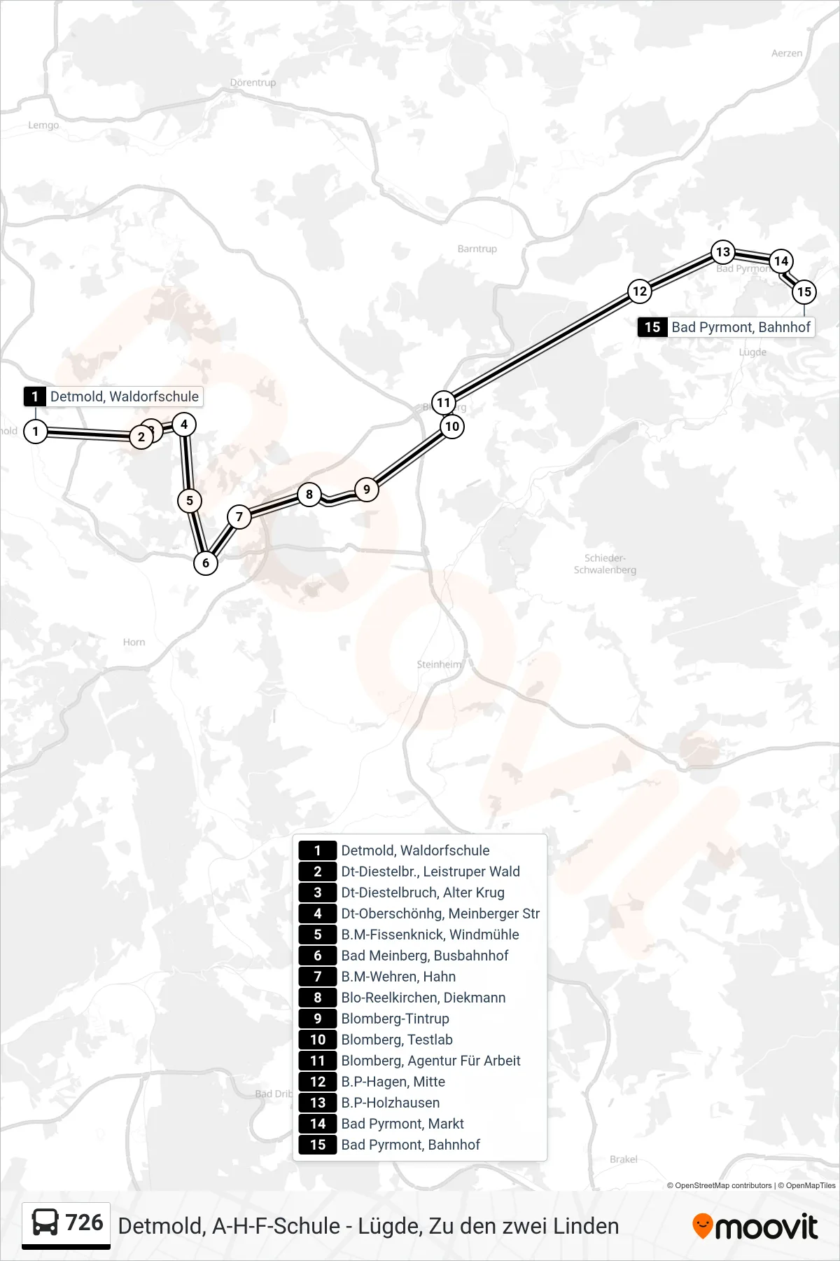 Linie 726 (Bus) Richtung Bad Pyrmont, Bahnhof: Route und Haltestellen auf der Karte