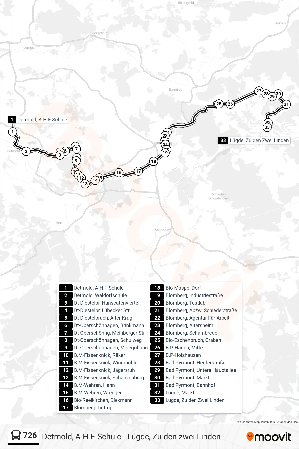 726 bus Line (Lügde, Zu den Zwei Linden) route and stops on a map