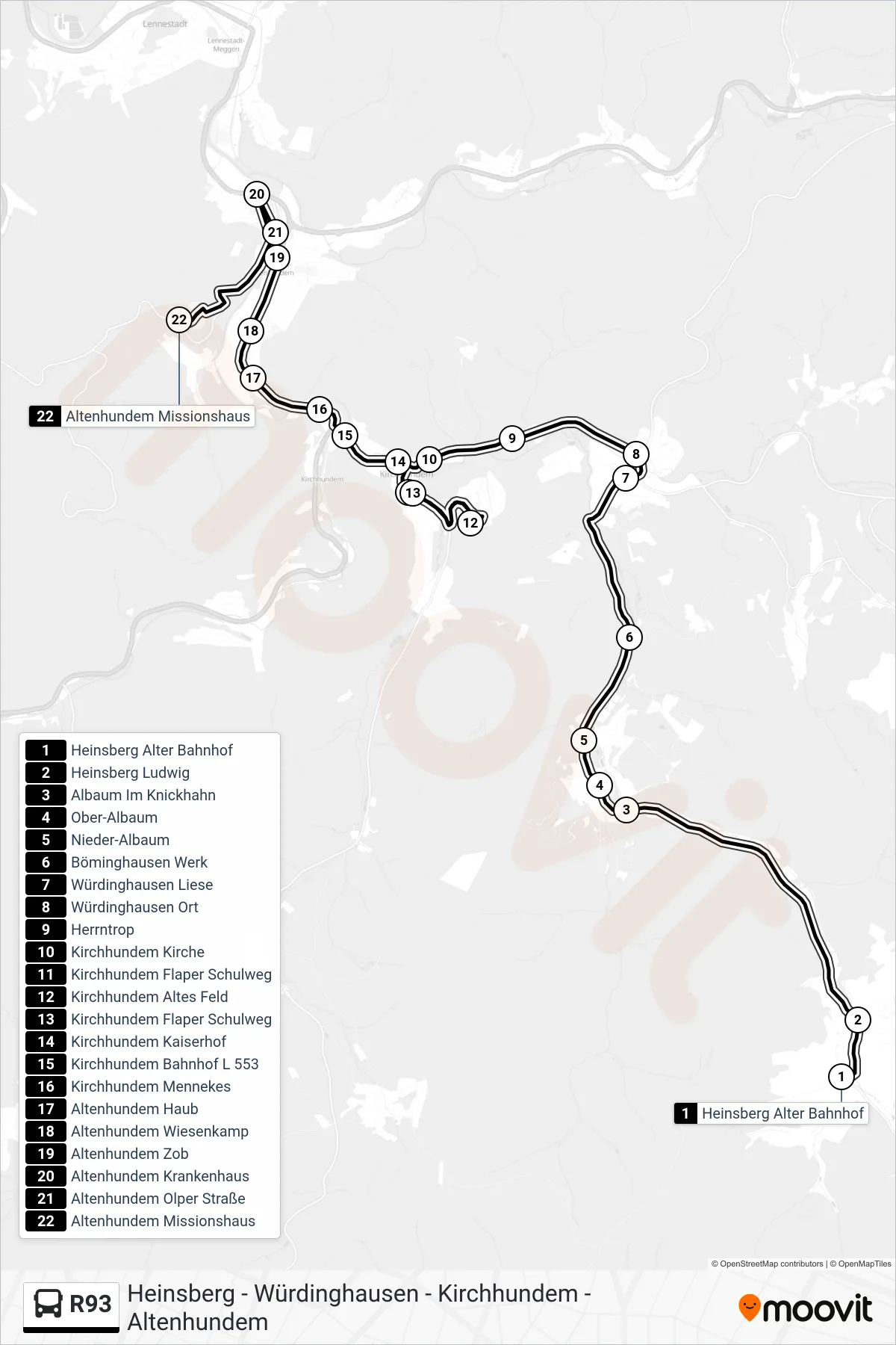 R93 bus Line (Altenhundem Missionshaus) route and stops on a map