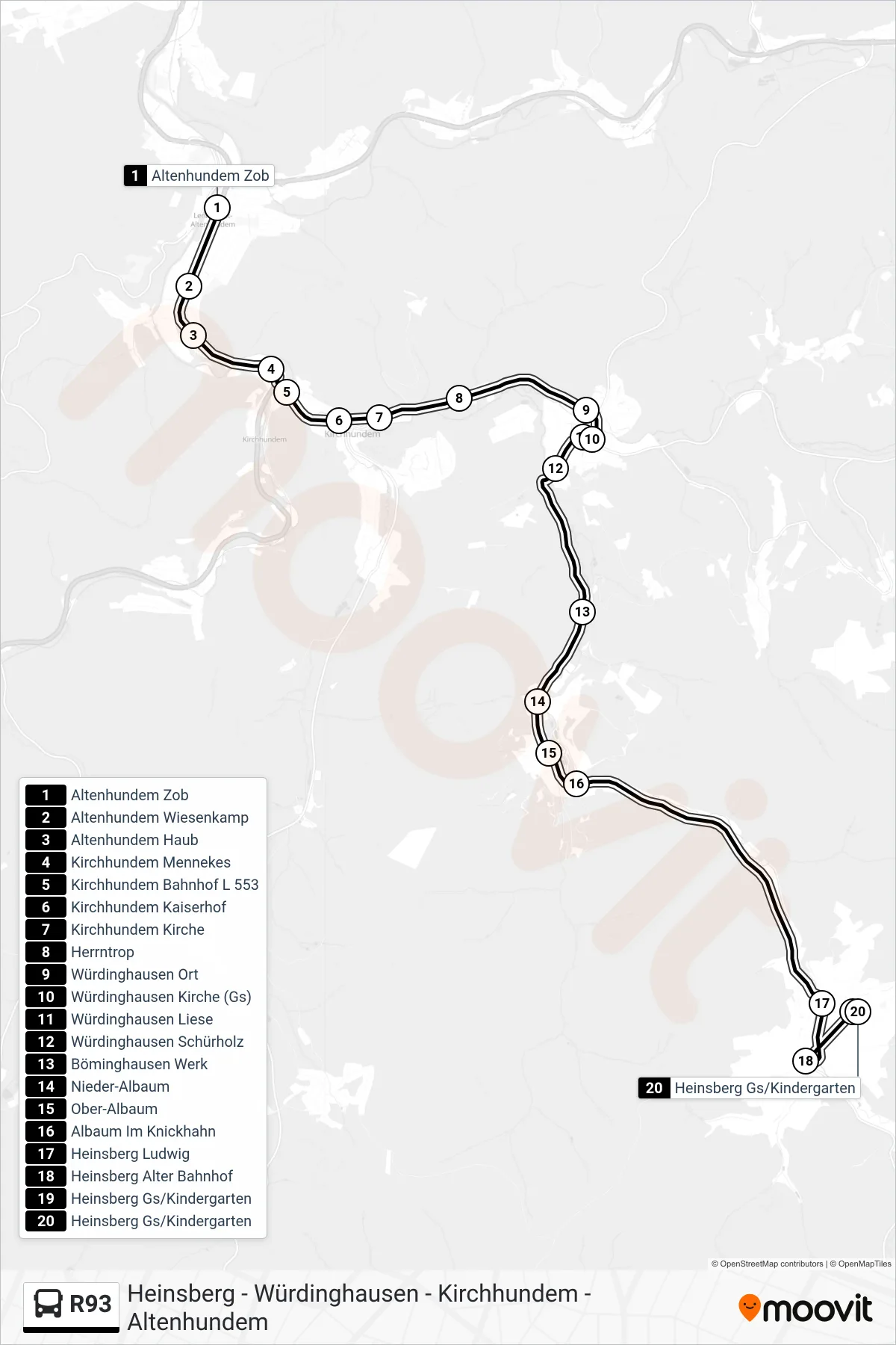 R93 bus Line (Heinsberg Gs/Kindergarten) route and stops on a map