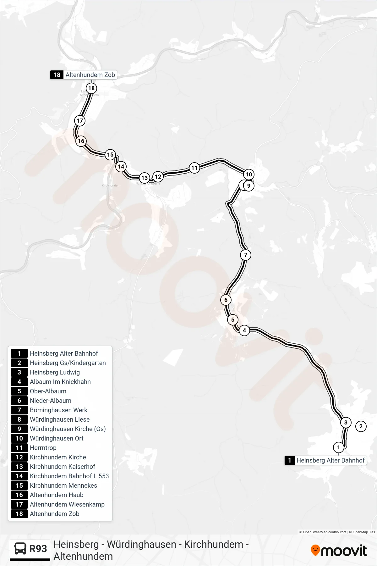 R93 bus Line (Altenhundem Zob Bstg 2a) route and stops on a map