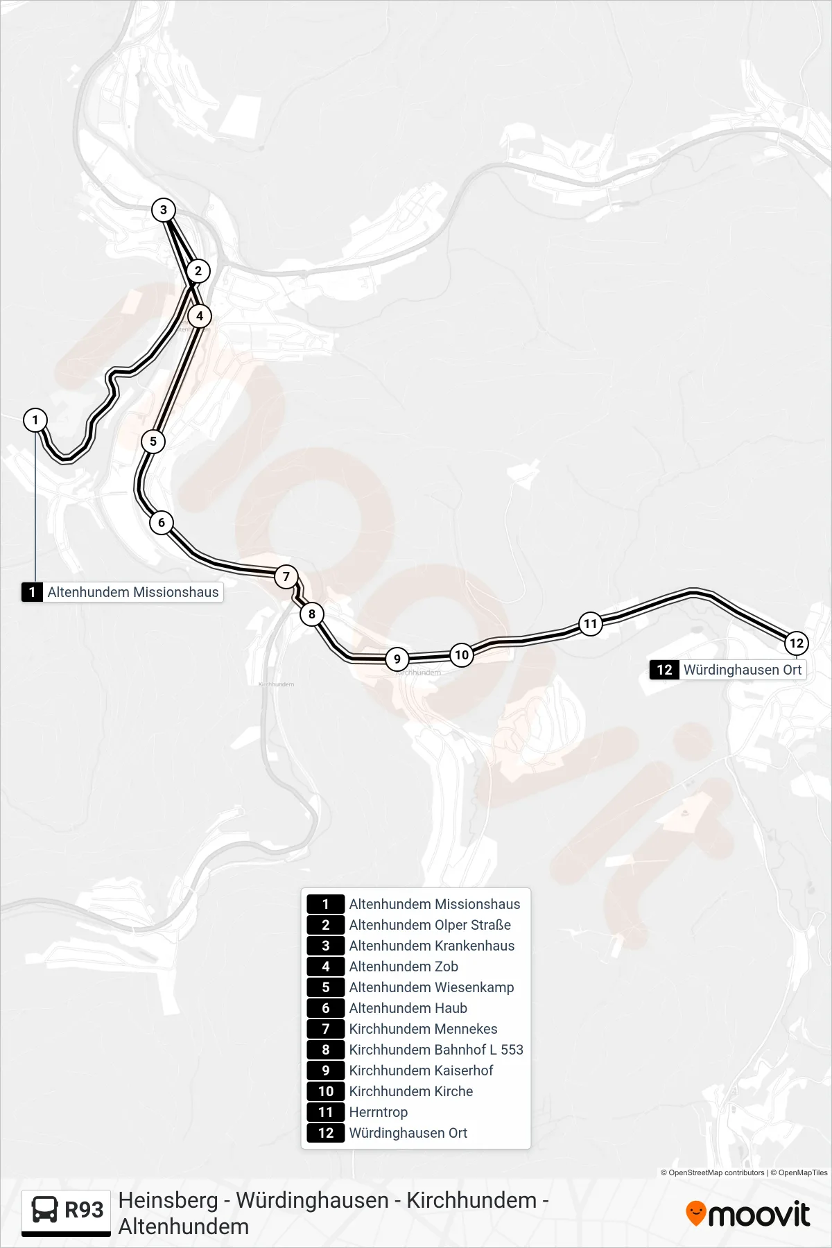 R93 bus Line (Würdinghausen Ort) route and stops on a map