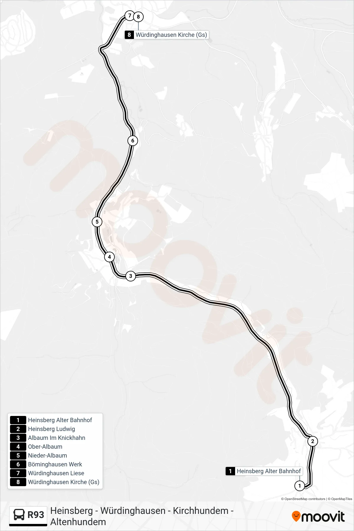 R93 bus Line (Würdinghausen Kirche (Gs)) route and stops on a map