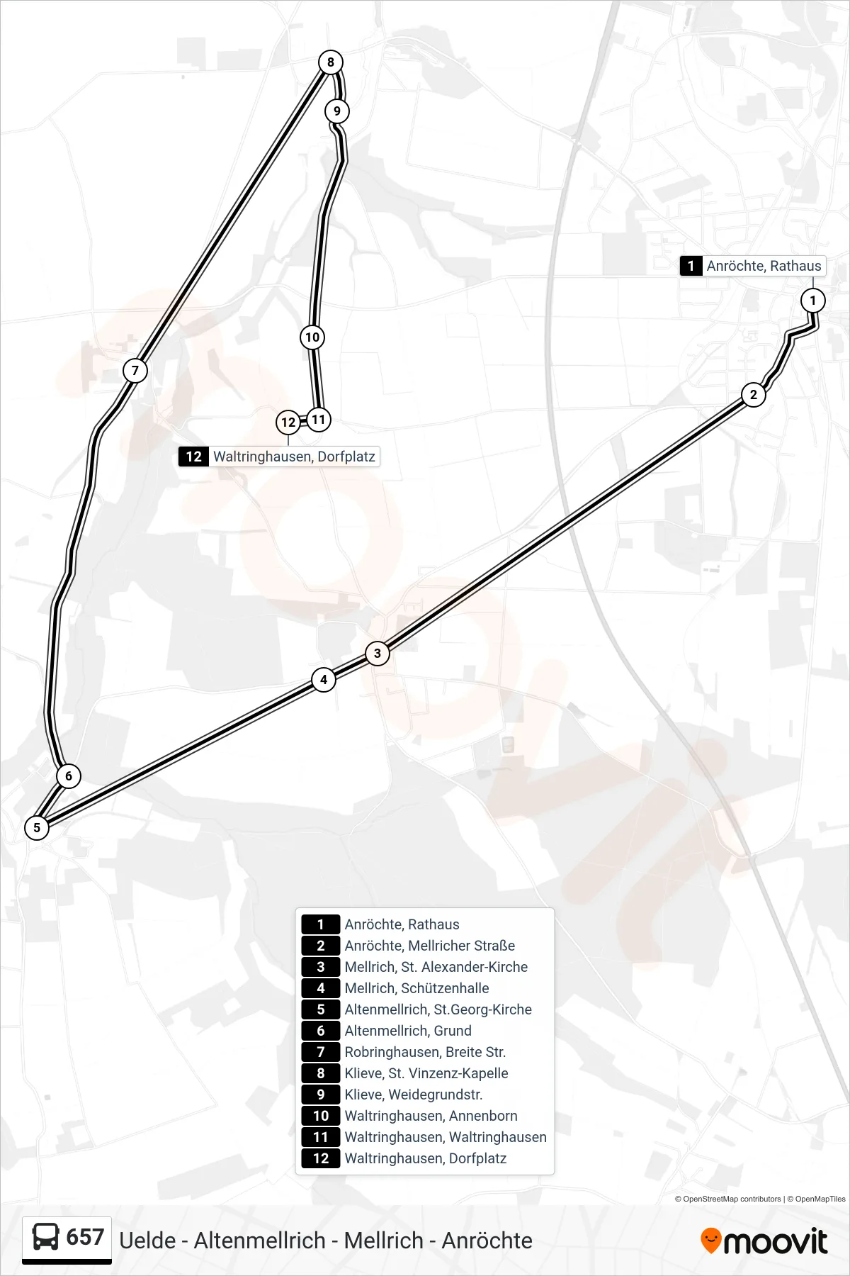657 bus Line (Waltringhausen, Dorfplatz) route and stops on a map