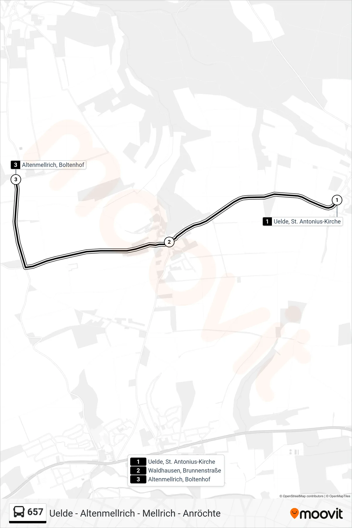 657 bus Line (Altenmellrich, Boltenhof) route and stops on a map