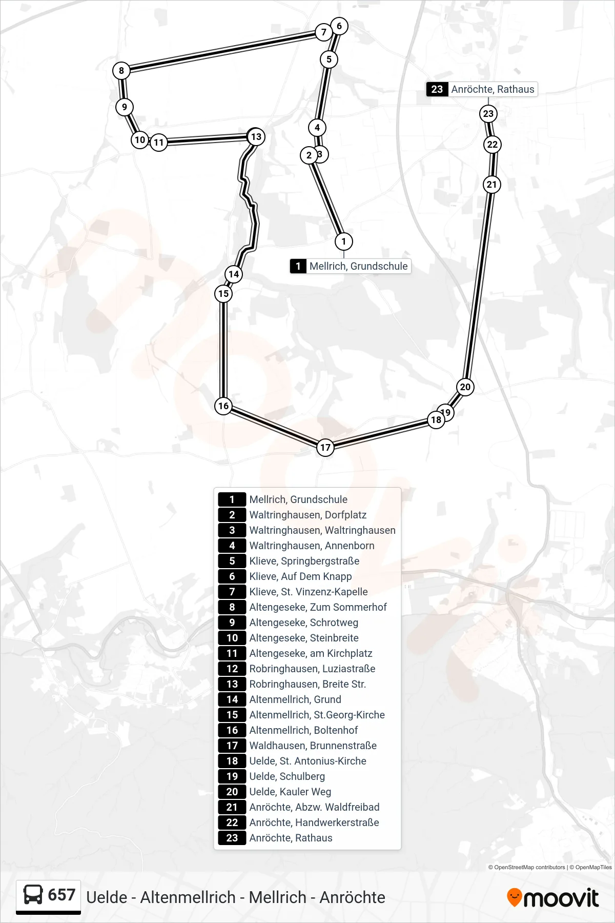 657 bus Line (Anröchte, Rathaus) route and stops on a map
