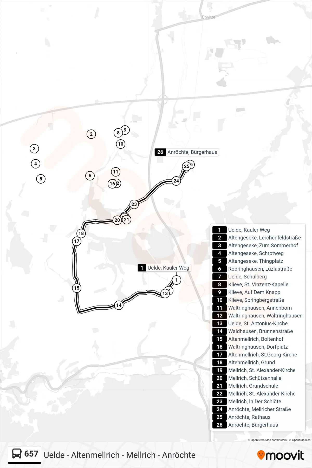 657 bus Line (Anröchte, Bürgerhaus) route and stops on a map